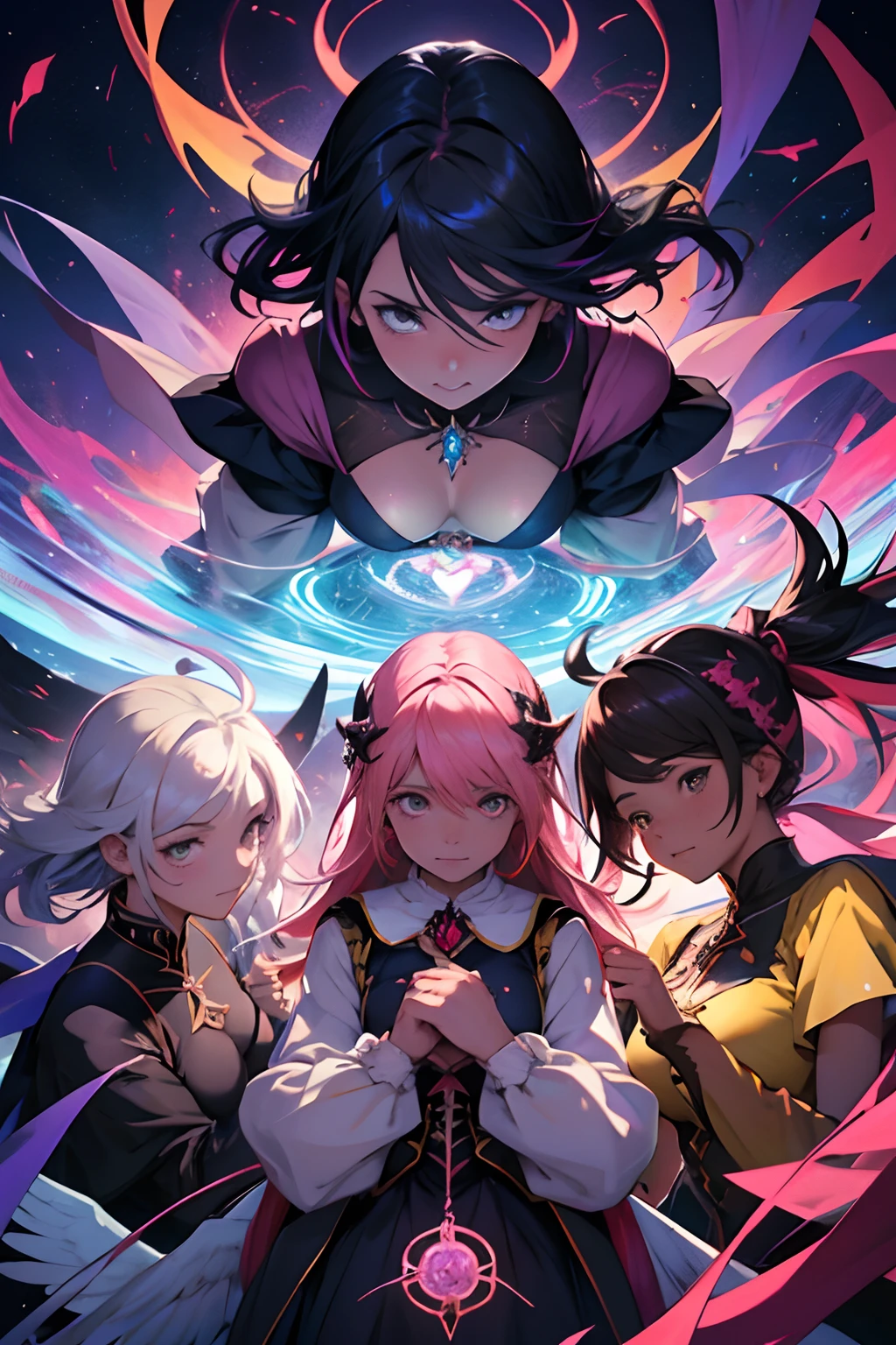 A group of 5 magical girls (Grupo Mahou Shoujo) flying together around a round and golden bird cage where a beautiful bird is trapped and a chaotic and multicolored sky in the background and over them evil eyes of a chaotic and multicolored witch, perfect hands, ROSTOS PERFEITOS, Vestidos bonitos, cabelos super coloridos e vibrantes, rostos bonitos ROSTOS PERFEITOS, cabelos bonitos, olhos expressivos, bocas bonitas, beautiful hands, detailed hands, beautiful hands, dedos perfeitos, numero de dedos de um ser humano, tendencia artstation