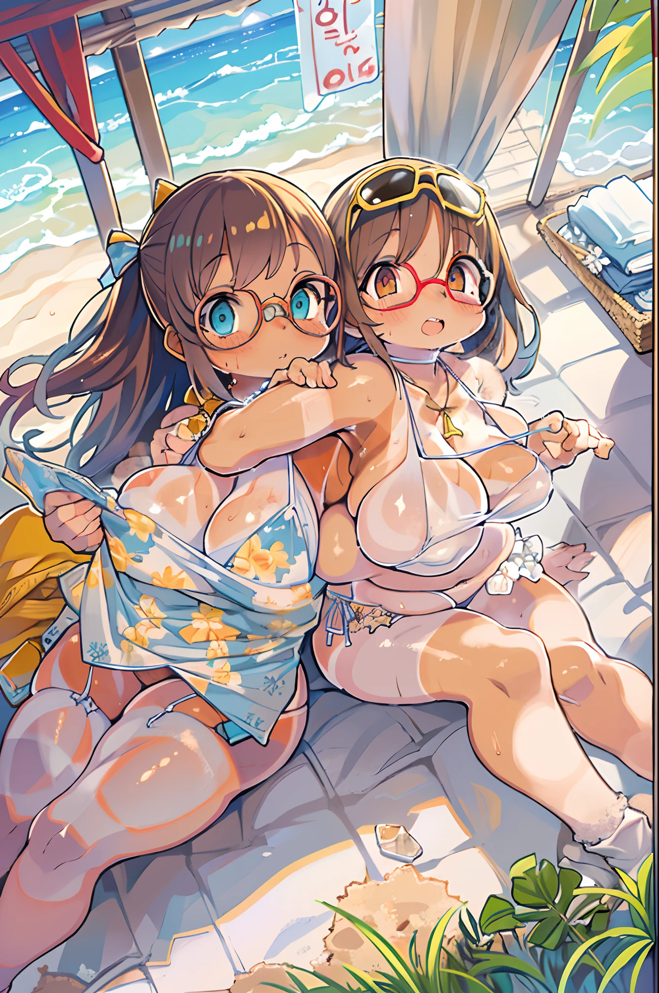 Two-dimensional girl、((Summer light))、Steppe on a summer day、((From the top))、The Sun Directly Above、huge-breasted、Big round 2d girl、((Summer light))、Steppe on a summer day、((From the top))、The Sun Directly Above、huge-breasted、big round glasses、bbw,Large Thigh、Two girls、embracing each other、Deep kissing、the kiss、lesbian、red blush、Okinawa、hibiscus、swim wears、Hot summer days、sand beach、a girl,Lori、(Tanned skin:2.0)