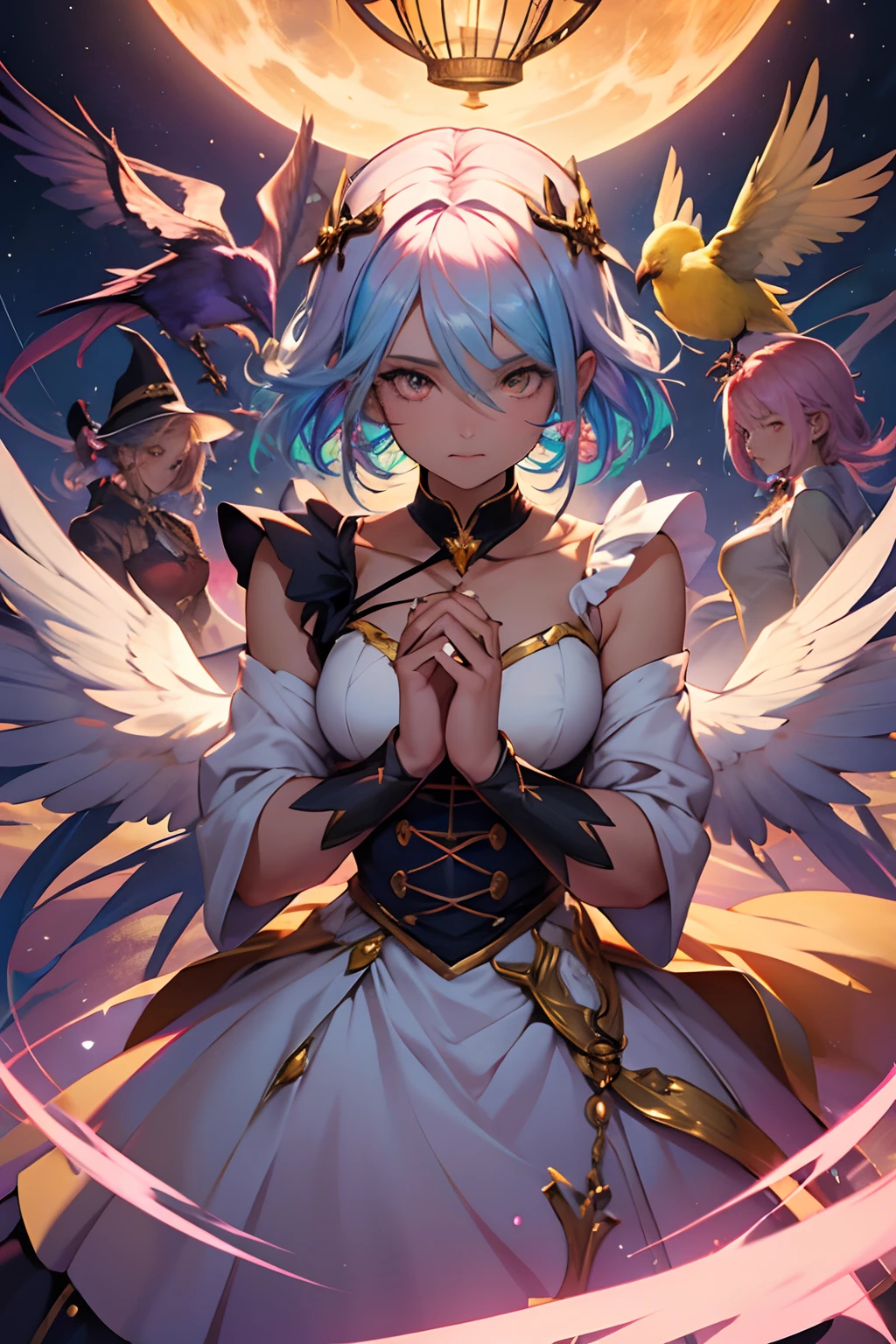 A group of 5 magical girls (Grupo Mahou Shoujo) flying together around a round and golden bird cage where a beautiful bird is trapped and a chaotic and multicolored sky in the background and over them evil eyes of a chaotic and multicolored witch, perfect hands, ROSTOS PERFEITOS, Vestidos bonitos, cabelos super coloridos e vibrantes, rostos bonitos ROSTOS PERFEITOS, cabelos bonitos, olhos expressivos, bocas bonitas, beautiful hands, detailed hands, beautiful hands, dedos perfeitos, numero de dedos de um ser humano, tendencia artstation