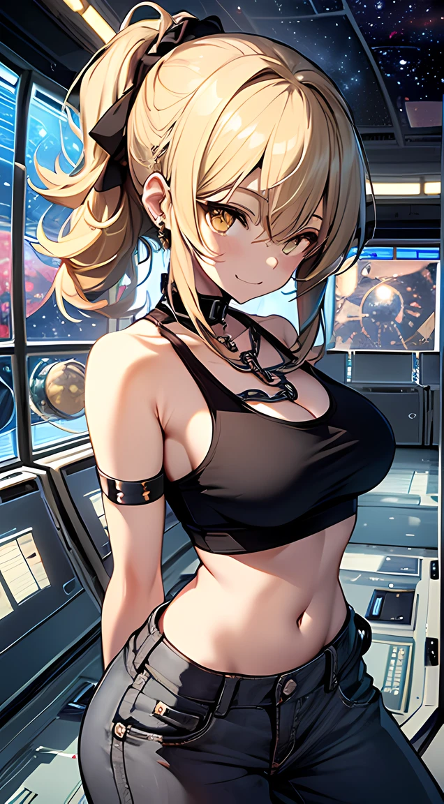 top-quality、Top image quality、masterpiece、girl with((19year old、tatteredclothing、amethys Navel Tank Top、balck pants、Best Bust、Bust 85、a blond、disheveled ponytail、yellow eyes、open chest wide、Happiness、Chain and demonic Accessories、Black wristband on wrist、Get on top of your audience、Top-down perspective))hiquality、visualart、Background with((Planetarium House))、masutepiece