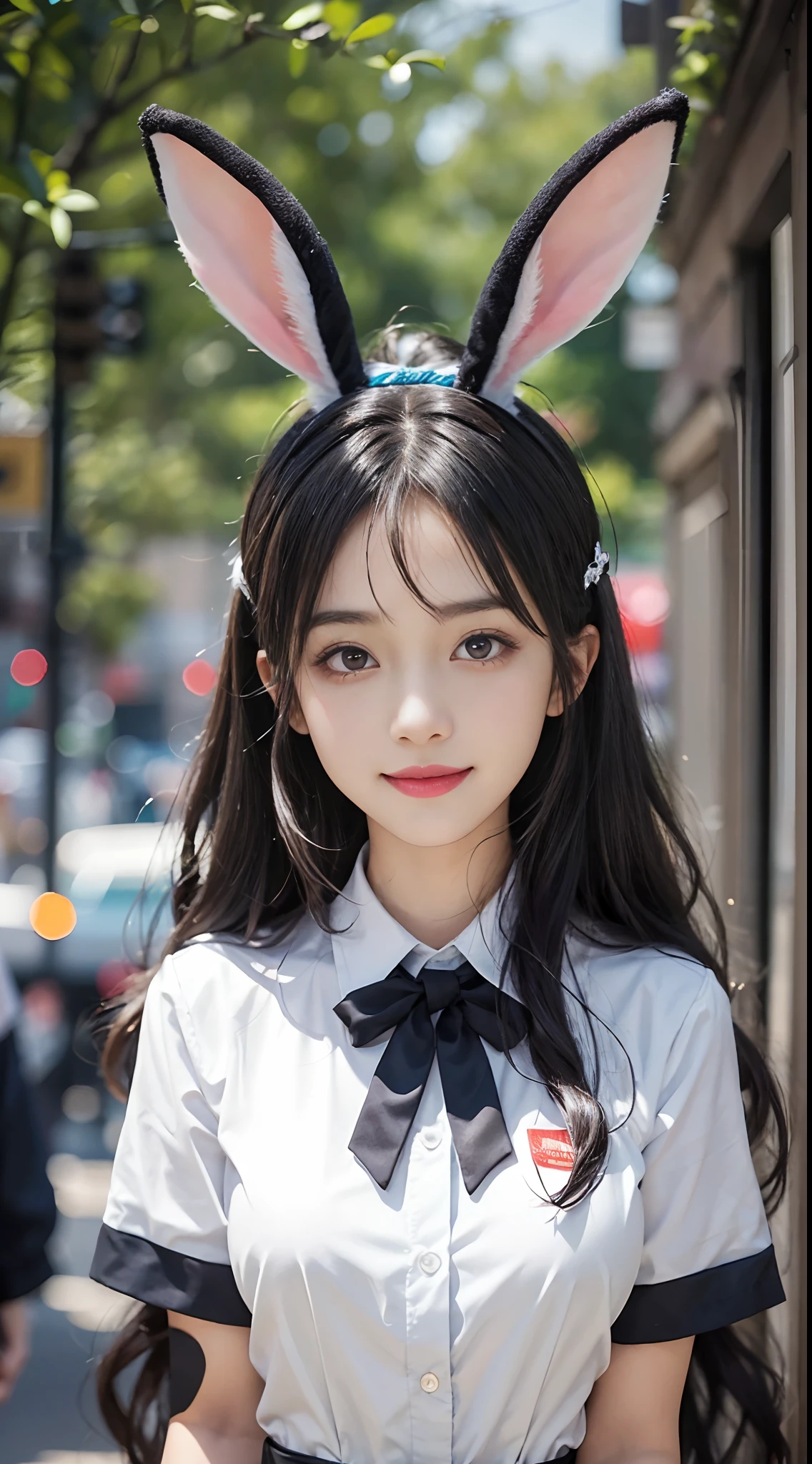 girl,(Wearing a bunny girl uniform),Smile and look at the camera,(Black hair),(with a good figure),with fair skin,Cute ultra-clear picture,(Dita),Hands are normal,(Live-action photo)shine,8K,Ultra-clear image quality,Black Bunny Girl Uniform,With rabbit-eared hairpins