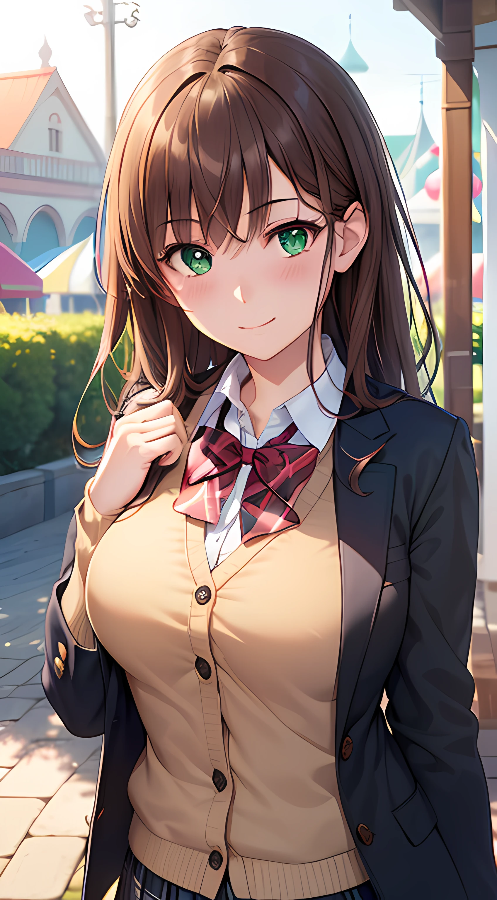 ((masterpiece, highest quality, High resolution, 超High resolution, Pixel perfect, Depth of written boundary, 4K, RTX, High resolution))), One girl, single, alone, Beautiful Anime Girls, Beautiful art style, Anime characters, ((Long Hair, bangs, Dark brown hair, Simple hairpin)), ((Green Eyes:1.4, Round eyes, pupil, Beautiful eyelashes, Realistic eyes)), ((Detailed face, Blushing:1.2)), ((Smooth texture:0.75, Realistic texture:0.65, Realistic:1.1, Anime CG Style)), Medium chest, ((Dynamic Angle, Cowboy Shot)), Perfect body, ((Red bow tie, , Black jacket, Open jacket, Brown cardigan, White shirt, Black Skirt, Checked skirt)), smile, Put your hands behind your back, Leaning forward, amusement park, cherry blossoms