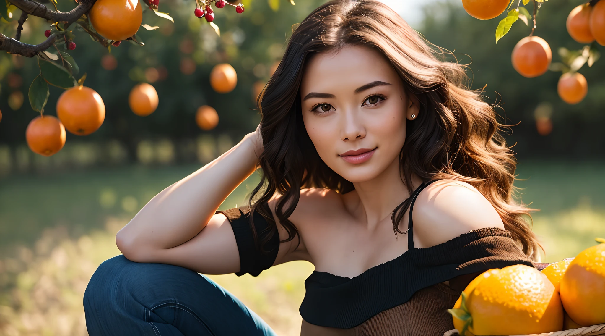 scenic photo, distant shot, a 25 year old European girl, smiling, head tilted to left side, picking oranges on a spacious farm, carrying basket of oranges RAW, beautiful woman, semi-open strawberry lip, dimples, wistful expression, (brown hair with extra long wavy), ((detailed face)), ((detailed facial features)), (fine detailed skin), pale skin, cyberpunk megacity environment, (cool color), moist, damp, reflection, (masterpieceShot with Canon EOS R5 (detail) (Realistic photos) (Detailed details) 50mm lens, f/2.8, HDR, (8k) (wallpaper) (cinematic lighting) (dramatic lighting) (sharp focus) (complex), RAW photography, RAW photography, gigachad photography, camera pose, black jeans, back arm, 8k uhd, dslr, high quality, Grain Film, Fujifilm XT3, Film Stock Photo 4 Kodak Portra 400 Camera F1.6 Lens Rich colors Ultra-realistic textures Dramatic lighting Unreal Engine Art Station Trends Cinestill 800 Tungsten, Toughboy Style, Ultra Focus Face, Intimidating, Fighting Position, long Messy Hair, Muscles, Bursting Veins, Beads, (( off-shoulder crop top)),
