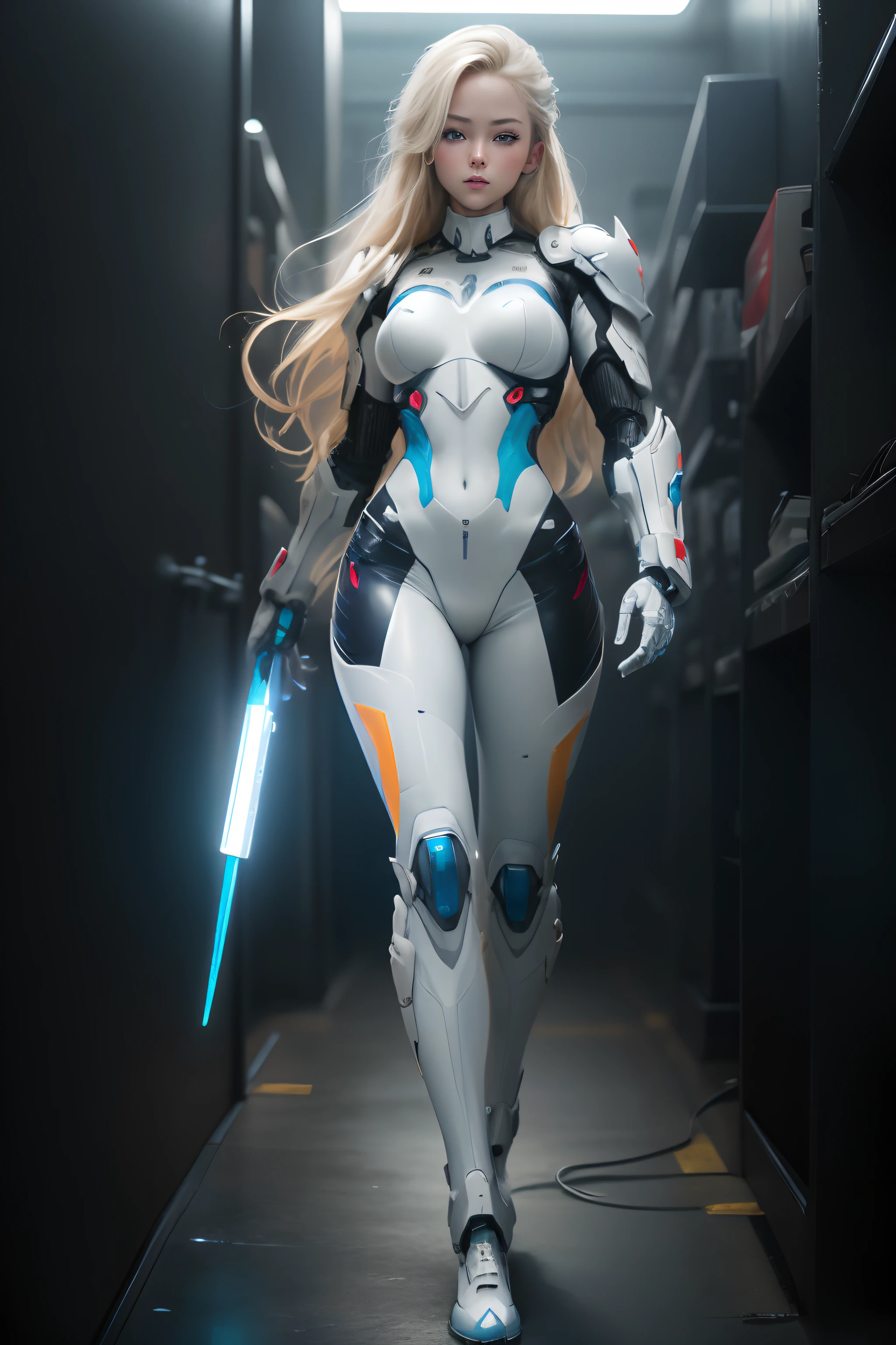 (masterpiece),(high detailed),(UHD full body shot) girl in cyber warrior clothing, clean colors, animepunk, japanese-influenced prints, long blonde hair with blue eyes, she is wearing a white leather suit, with led lights