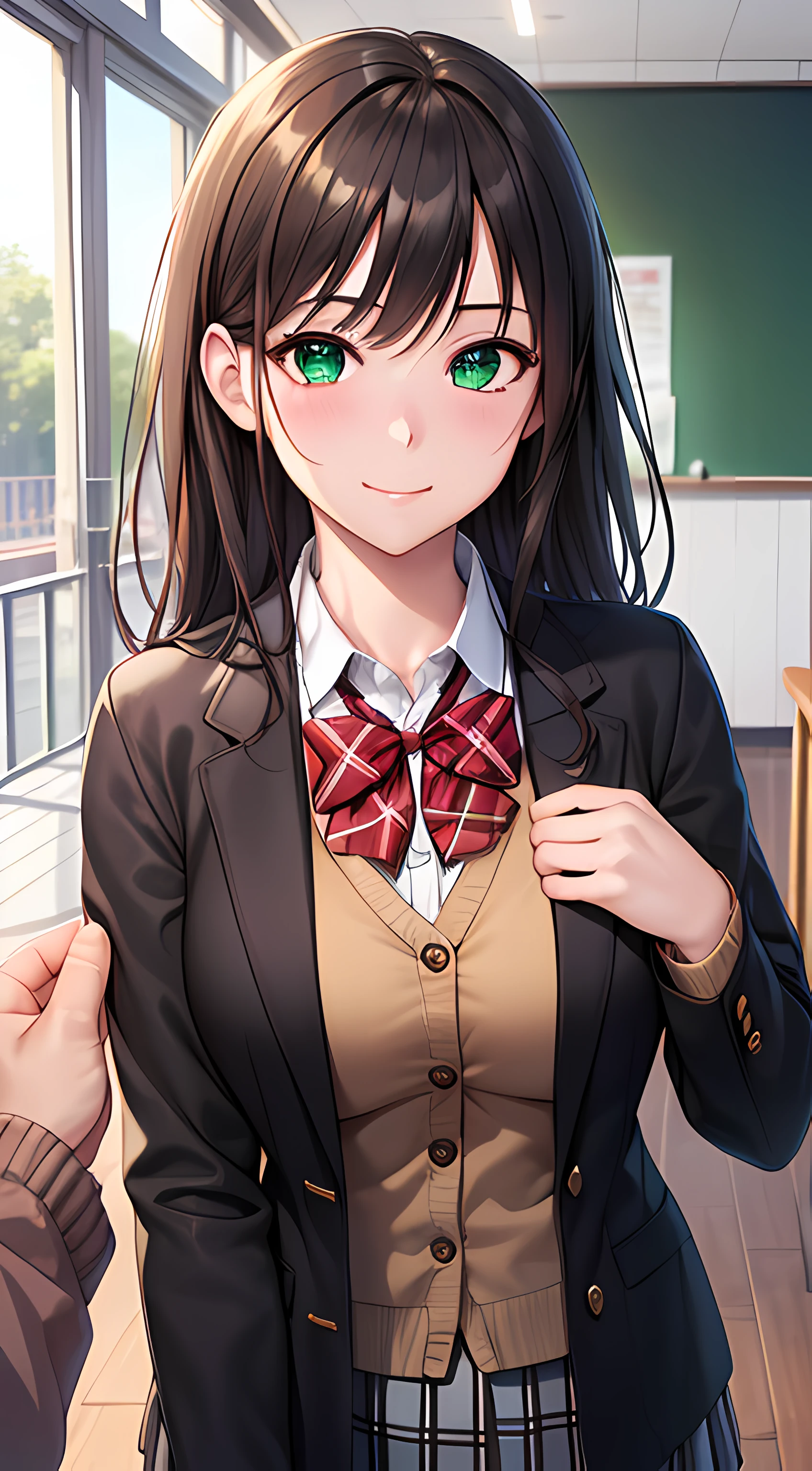 ((table top, highest quality, High resolution, perfect pixel, written boundary depth, 8K)), 1 girl, high school student, beautiful girl, ((brown hair, curly hair:0.8)), ((green eyes:1.4, beautiful eyelashes, realistic eyes)), ((detailed face, blush:1.3)), ((smooth texture:0.75, realistic texture:0.65)), medium breasts, dynamic angle, perfect body, ((red bow tie, school uniform, black jacket, open jacket, Brown cardigan, white shirt, black skirt, plaid skirt)), smile, ((sweaty:1.5)), embarrassed face