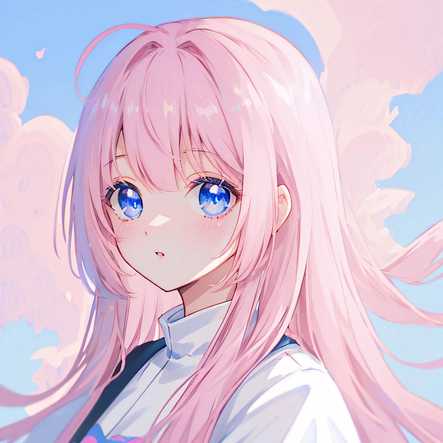 A pink-haired, animesque, Guibli, anime styled, proximity, From the side, One-person viewpoint, 8K, super detailing, masterpiece, super detailing, hightquality, hight resolution, high detailing, white backgrounid, Details of face, Blissful, Blue eyes、bobhair、Pattsun bangs、white clothes