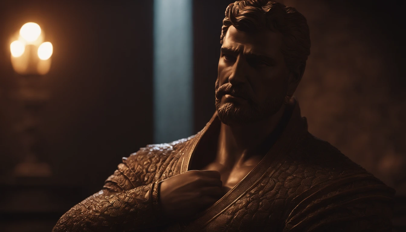 estatua grega de homem forte, pensativo, numa pose de empoderamento, with low lighting, ambiente escuro, 8k