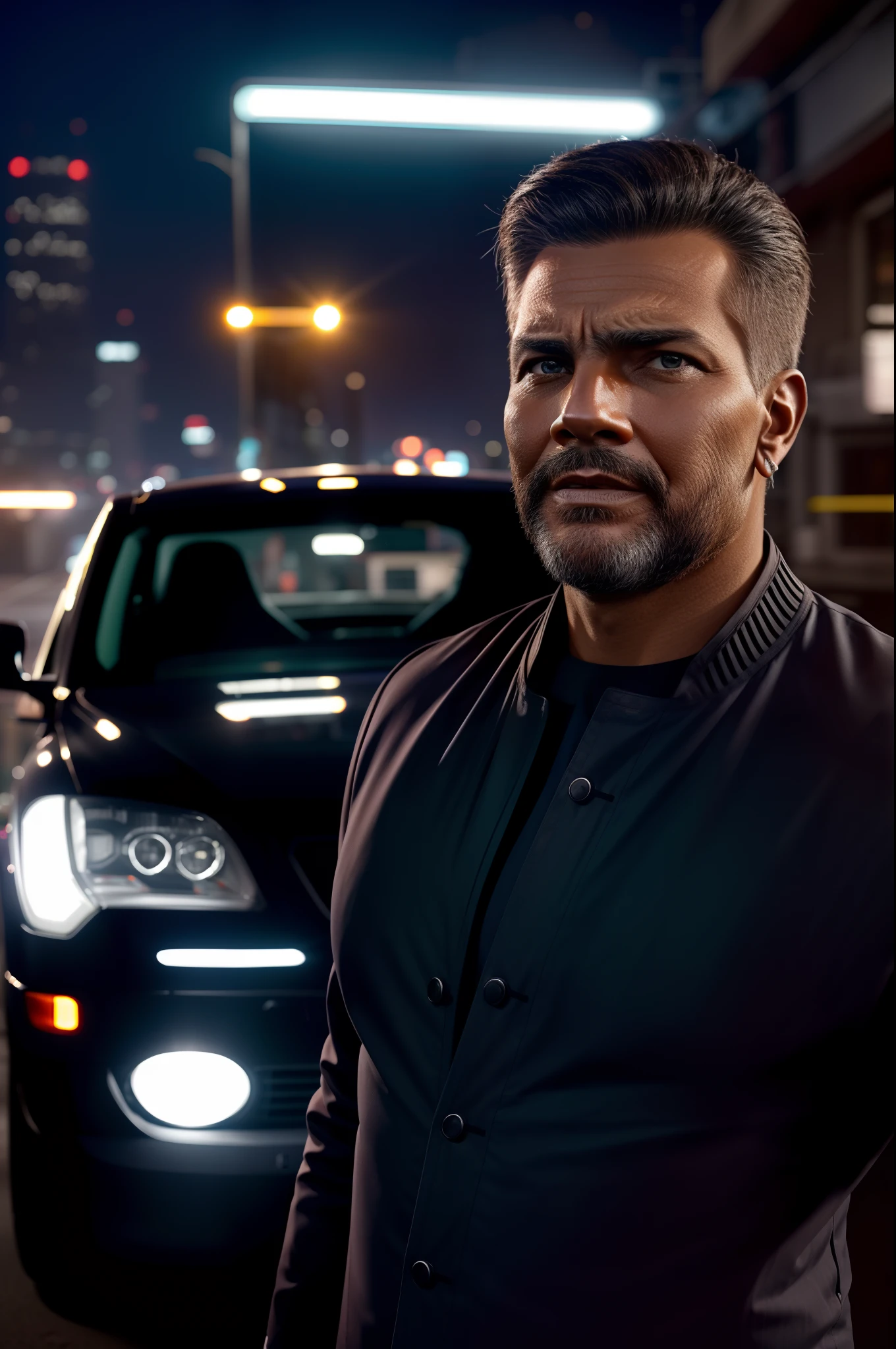 Homem, 50 anos, corpo inteiro, barba, penteado lateral, standing in front of a car, dynamic lights, alto detalhe, Dramatic, intrincado, 8k