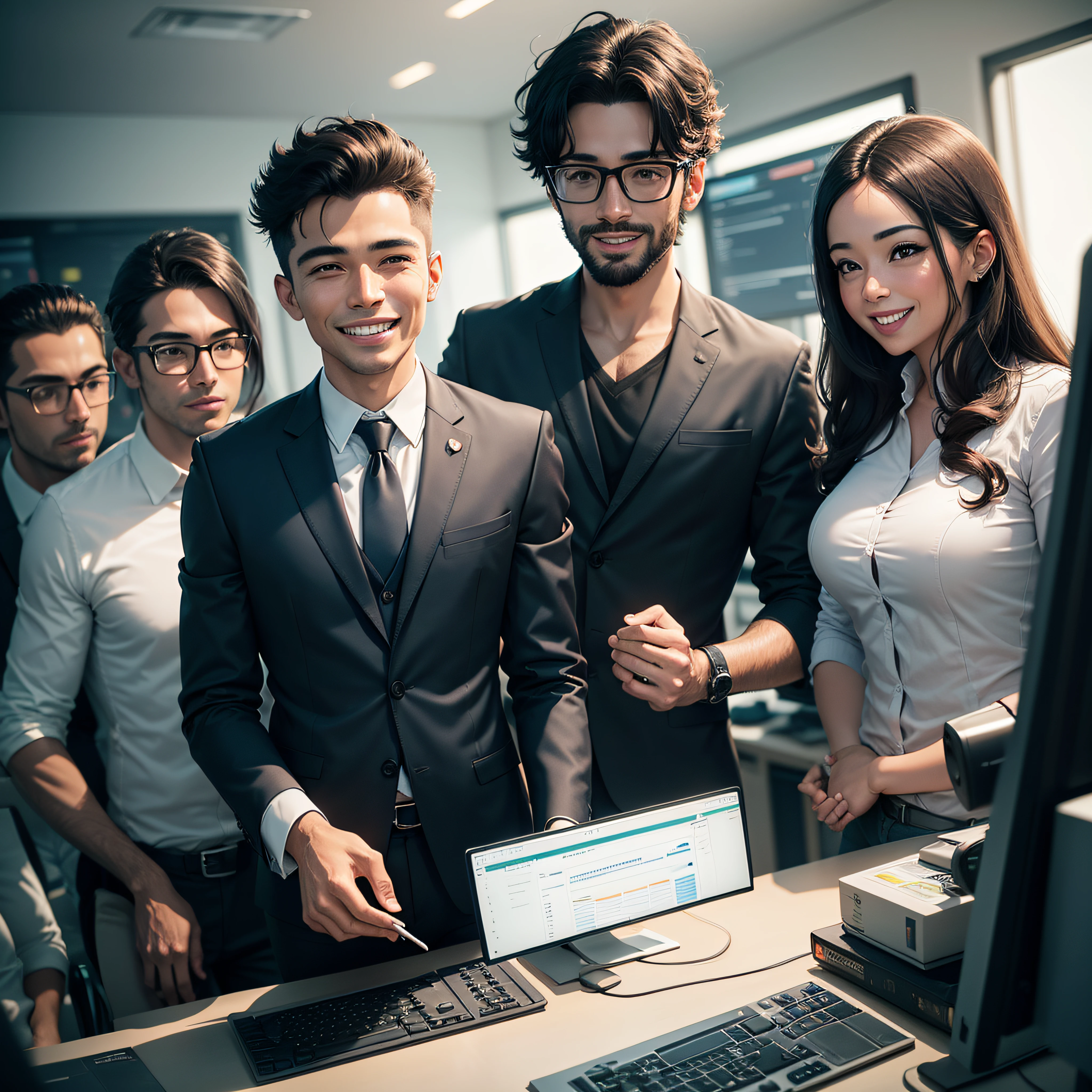 "Describe the image of a successful business owner in your office, sorrindo amplamente enquanto olha para a tela do computador, surrounded by a motivated team and a wall full of growth charts. Convey the sense of accomplishment and satisfaction he feels in relation to his well-executed work."