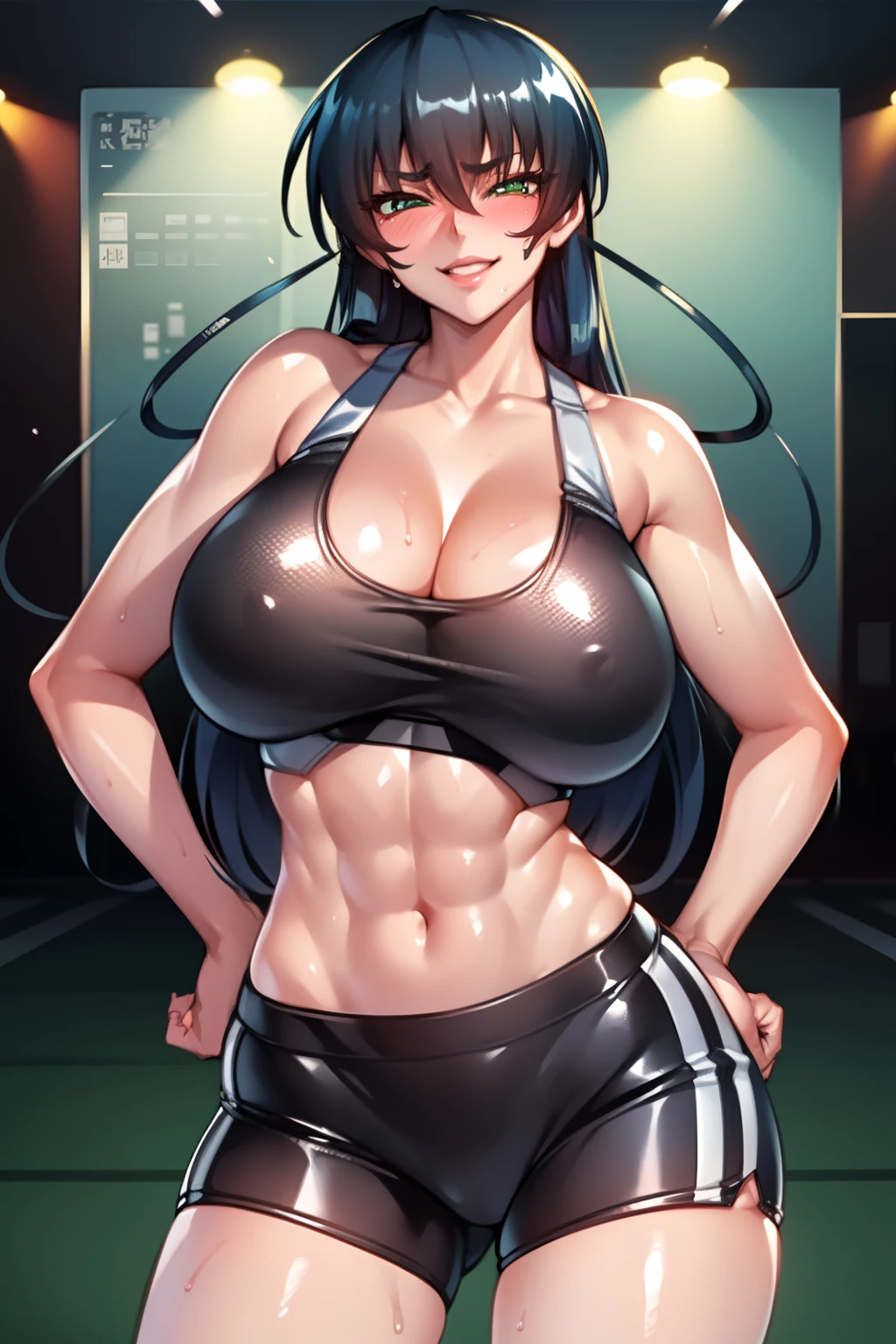 asagi, 1girl, breasts, solo, sweat, sports bra, large breasts, cleavage, navel, midriff, smile, abs, toned, looking at viewer, hand on hip, blush, huge breasts, blue hair, long hair, bangs, hair between eyes, green eyes