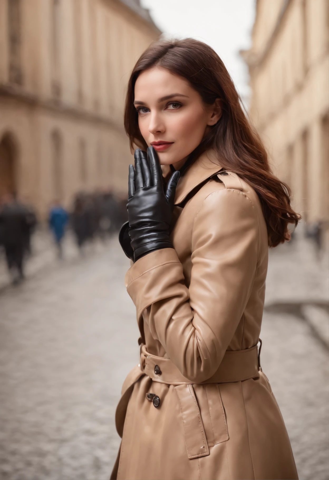 Black leather gloves, trench coat, weather forecast, female caster, long boots