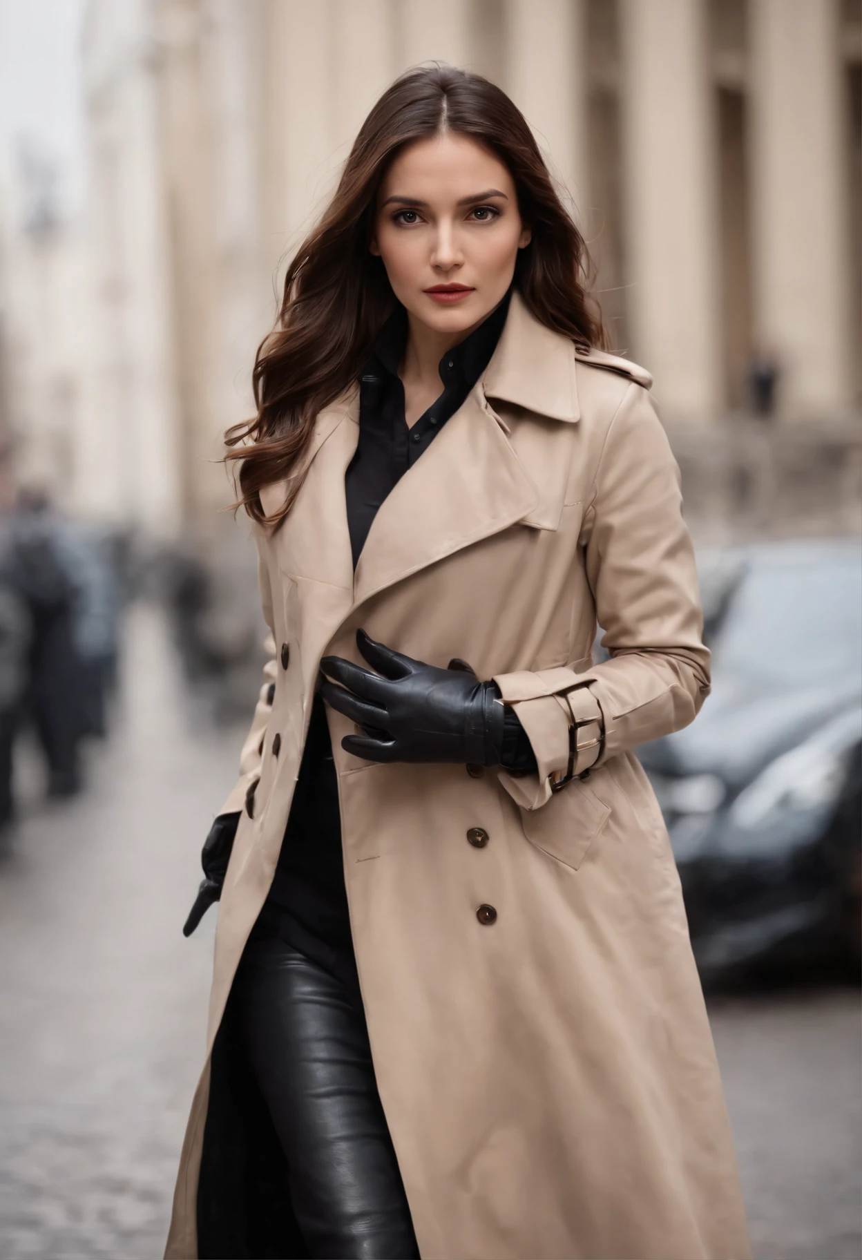 A woman in a trench coat and leather pants walking down a street ...