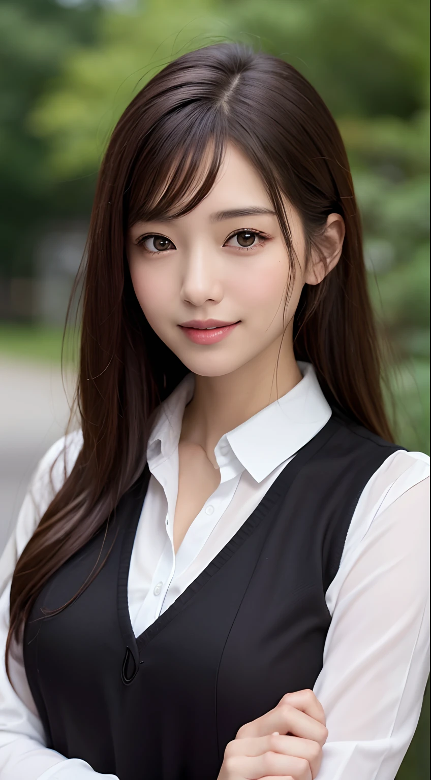 Strong realism,(best qualtiy,4K,tmasterpiece:1.3),Pretty women,1girl in,Raised sexy:1.1,dark brown hair:1.1,(Wet with rain,Wet with rain,Get wet:1.2),White vest,Super Detailed Face,Detailed lips,A detailed eye,二重まぶた、large black eyes、a smile、Brown hair