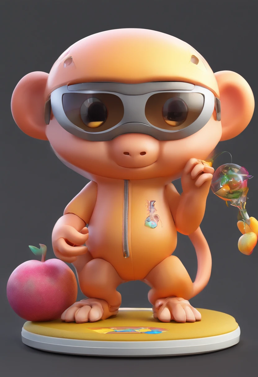 Three little monkeys,Holding a large peach，magical, Anthropomorphic,Upper body length，Short legs， Wear a futuristic machine，Carry mechanical weapons, The background is a colorful universe. pixar animation, Funky blind box, OC Render, Ray traching, High quality, High detail, high resolution, 8K, bust size