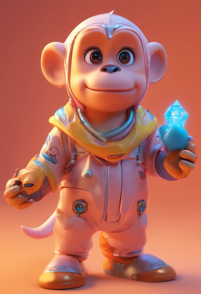 Three little monkeys,Holding a large peach，magical, Anthropomorphic,Upper body length，Short legs， Wear a futuristic machine，Carry mechanical weapons, The background is a colorful universe. pixar animation, Funky blind box, OC Render, Ray traching, High quality, High detail, high resolution, 8K, bust size
