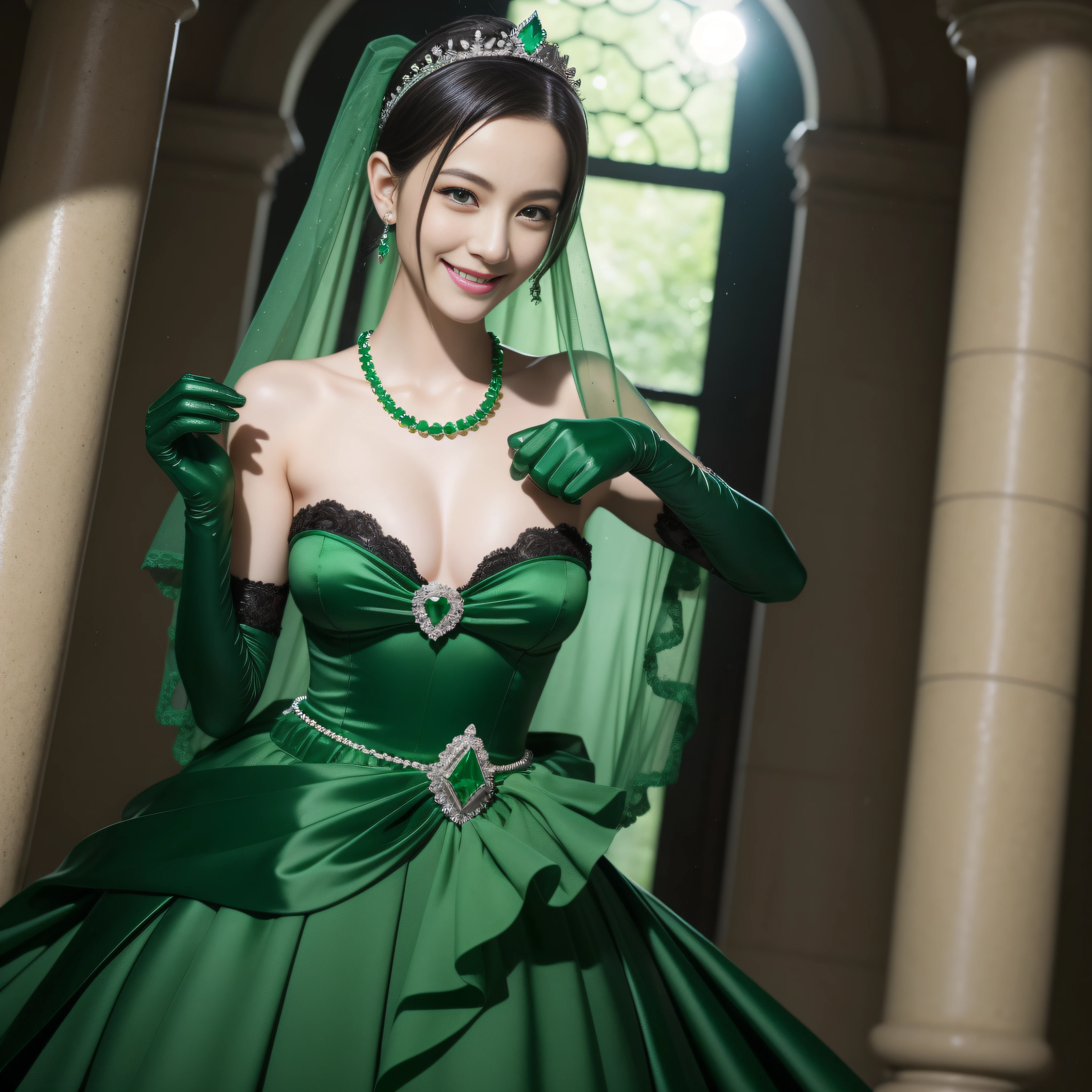 emerald tiara, Green Pearl Necklace, Boyish very short black hair, lipsticks, Japan woman smiling, Long green gloves made of satin material, very short short hair, Samuzua, Green eyes, beautiful