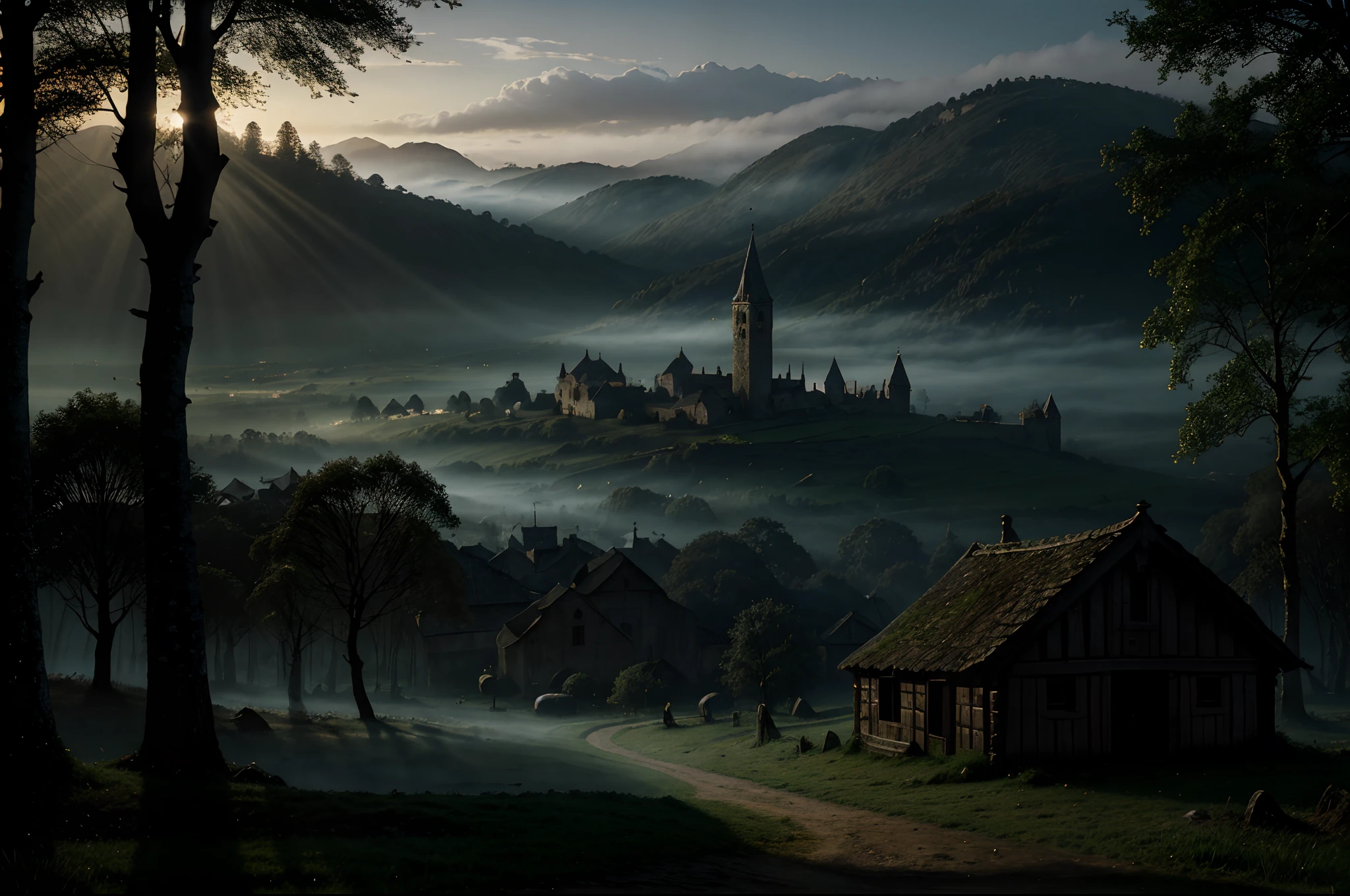 realistic dark oil painting of a medieval village at sunrise, mossy, mist, foggy, shadows, misterious, mithical, dark, rays of light shines trough the woods, ambient, depth of field, volumetric lighting, cinematic lighting, moody, heavy darkness, black sky, low angle perspective, by Eyvind Earle