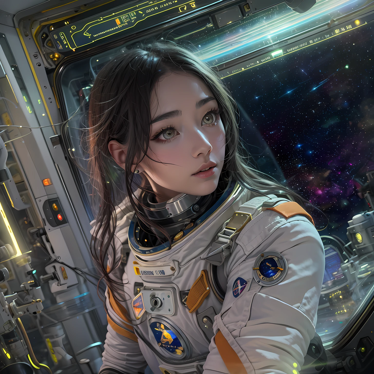 (tmasterpiece:1.1),best qualtiy,In space,(nigh sky,medium lenght hair:1.2),(illustratio:1.2),lindo cenario,dreads,(Elaborate luminescence,lens flare glow),(Hyper-detailing),Hyper-detailing,(exquisitedetails),(complexdetails),(Movie light,Best quality backlight),清晰的线条,New world,peeping at the viewer,Solo Woman,(Space Girl,the space),Oriental women,The girl looks like a Chinese movie star,Solo Woman,Perfect body,Beautiful 16 year old girl,(1girll),(Bright bioluminescent hair,bright glowing eyes),(milkway,Alien planet),(Astronaut wearing sexy futuristic style orange fitted spacesuit:1.1),The material of the spacesuit is light and thin,Latex tight spacesuit,The chest of the spacesuit shows the starry sky,Slightly closed eyes,(cyber punk perssonage),(dyna:1.3),(putting makeup on)),hight contrast,(The best lighting,Extremely refined and beautiful),((Movie Moonlight)),Extremely colorful,((Photoshop Pastel Painting:1.1)),aethereal,(Movie Masterpiece),suspense,Funk,(Starskrim),splash of color,absolutly eye-catching,((Caustics)),dynamic angle,big breasts beautiful(detailed glow),(spine-chilling),(Intricate movie scenes behind it:1.2),Environmental occlusion, (Ambient moonshine), ray-traced reflection, intricately detailed visible background , (Glowing spacesuit), terroral, (Bioluminescent vegetation:1.2), terroral, uneasy, A futuristic, terroral, (Hologram heads-up display), (Delicate Great Comet)