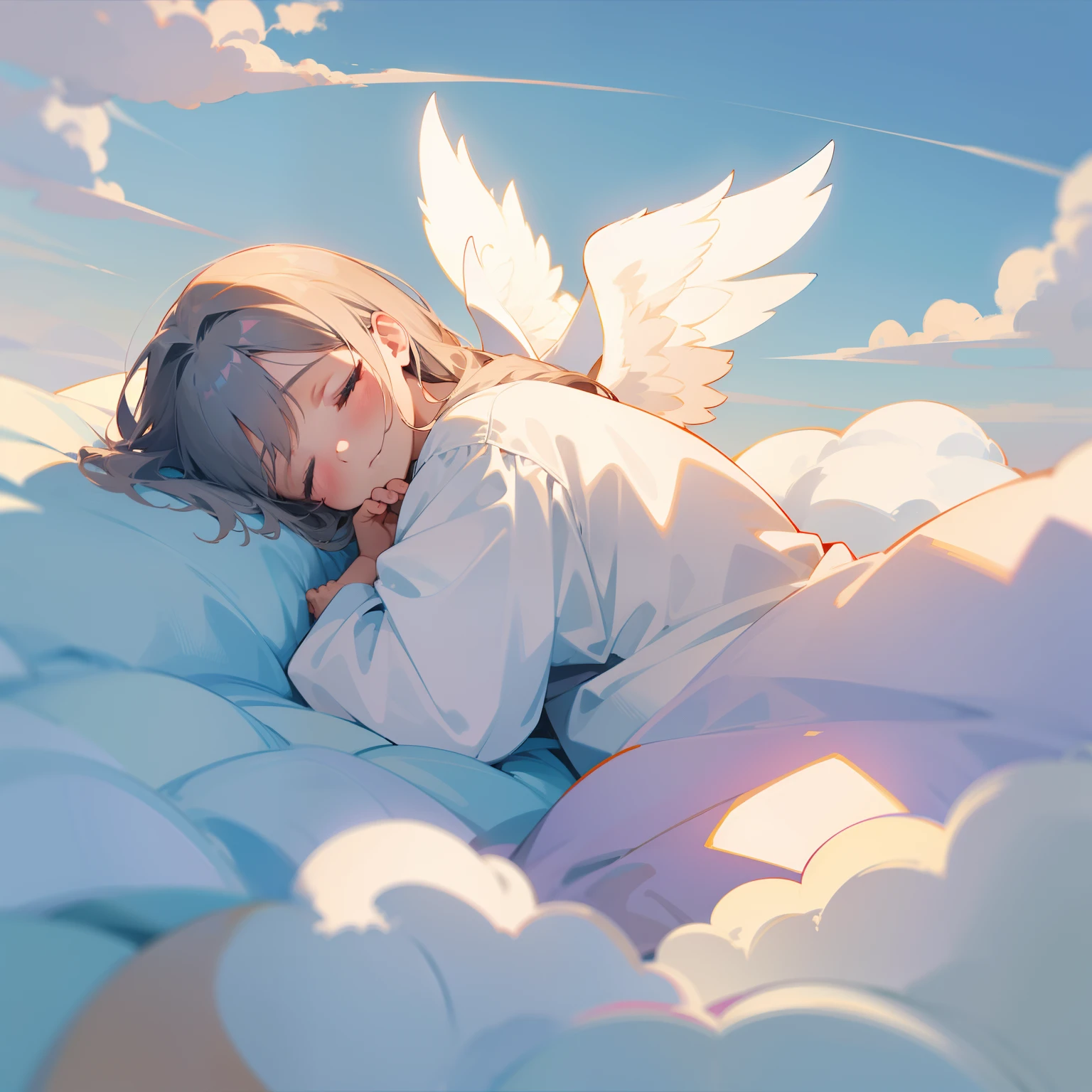 angel sleeping in a cloud bed in the sky, peaceful, cozy