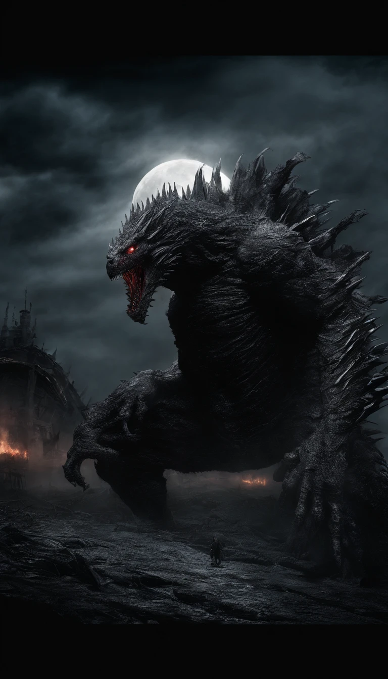 Strange monsters in a fantasy world,Godzilla,Blood,Covered with thick spikes,Moon Night,中景 the scene is,Full body like, highly detailed surreal vfx,oc rendered,Shot with 70 mm - AR 16:9 --q 2 --s 1000