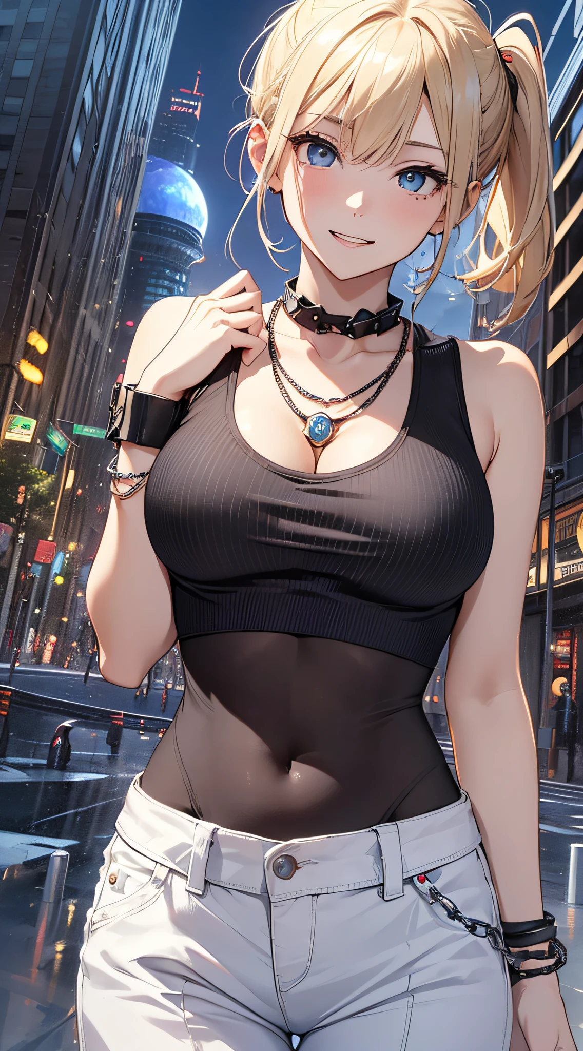top-quality、Top image quality、masterpiece、girl with((18year old、tatteredclothing、Black Navel Tank Top、White pants、Best Bust、Bust 85、a blond、disheveled ponytail、Blue eyes、open chest wide、Happiness、Chain Accessories、Black wristband on wrist、Ride the viewer、top down))hiquality、visualart、Background with((Planetarium House))、masutepiece