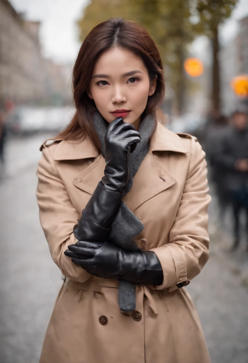 Black leather gloves, trench coat, weather forecast set, Japanese female caster, long boots