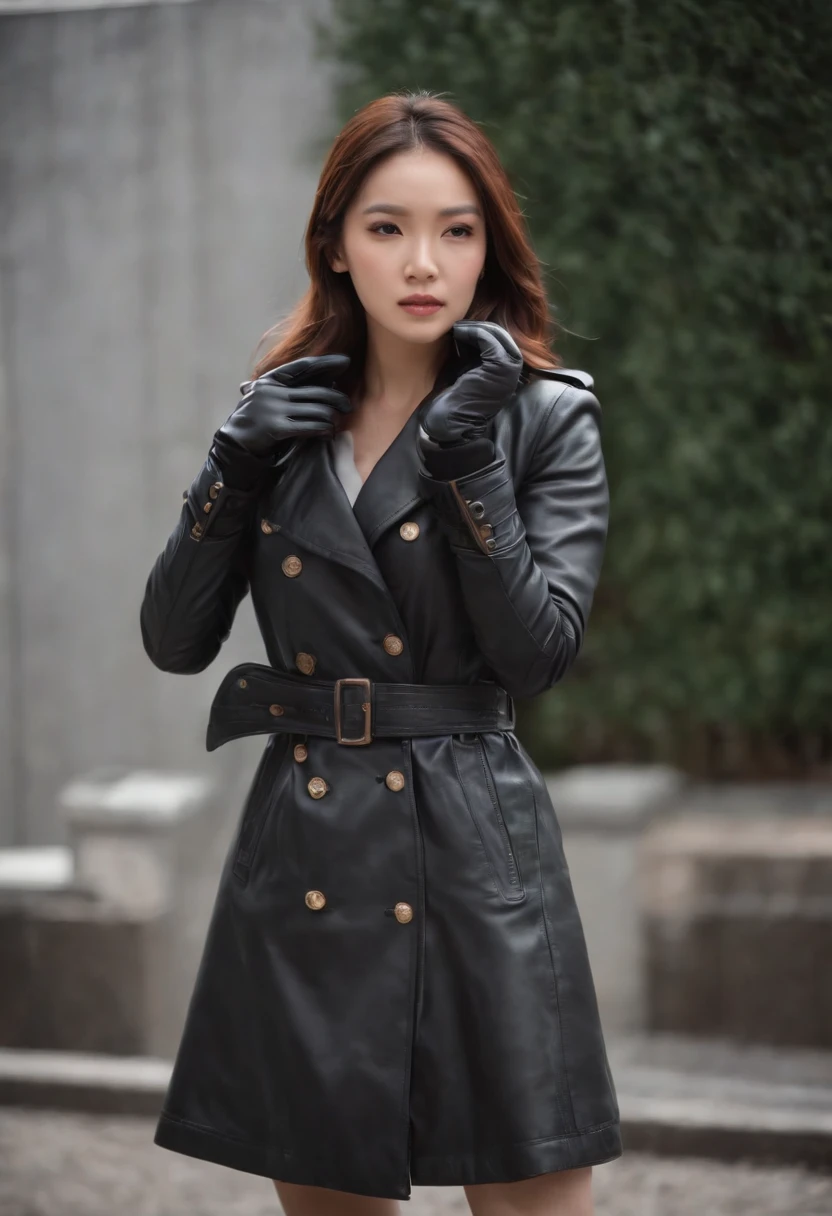 Black leather gloves, trench coat, weather forecast set, Japanese female caster, long boots