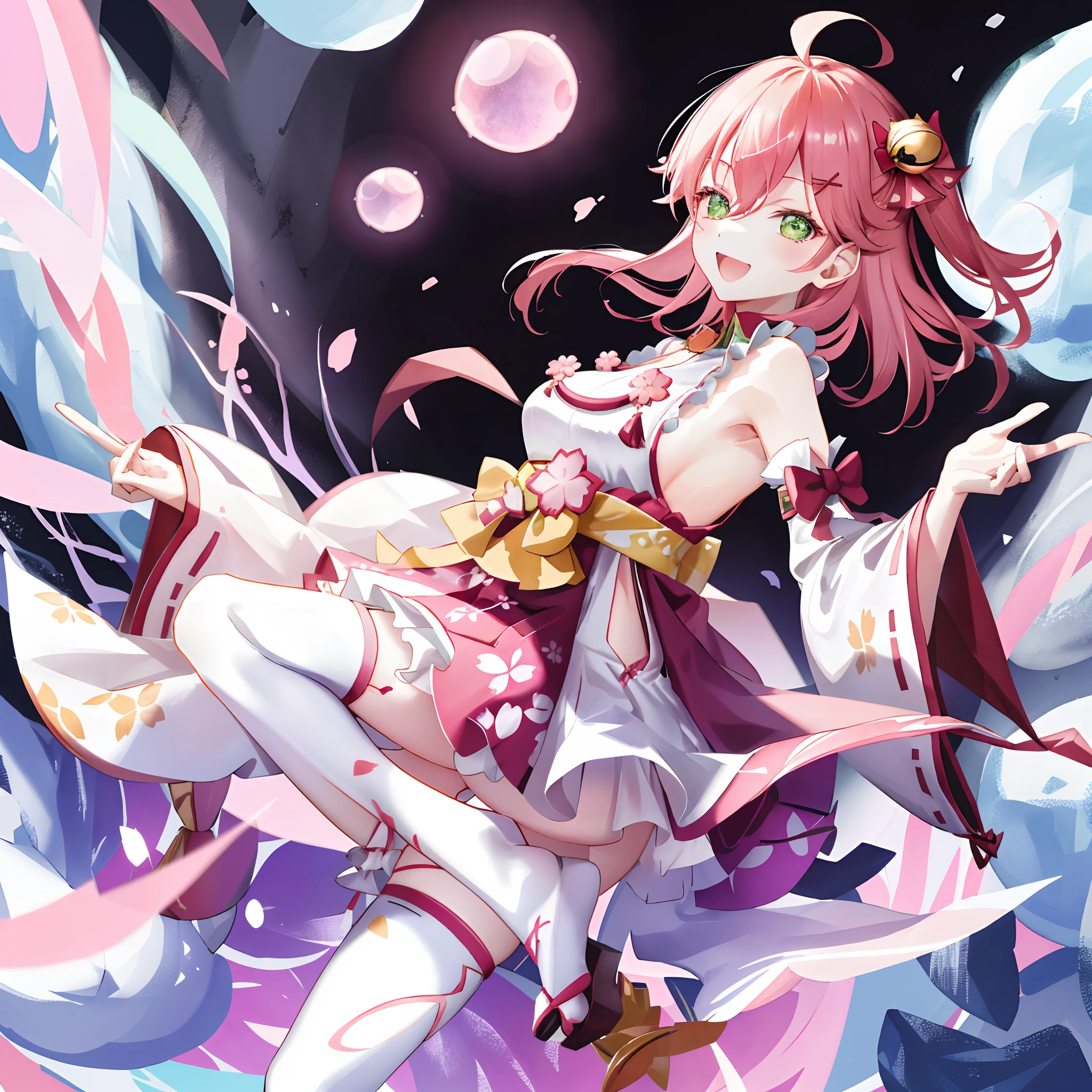 masterpiece, best quality, highres, miko1, sakura_miko, 1girl, green eyes, solo, ahoge, x_hair_ornament, pink_hair, floral print, hairclip, (sideboob:1.2), hair_bell, floral print, long_hair, hair between eyes, one side up, white thighhighs, asymmetrical legwear, wide sleeves, open_mouth,happy,close_eyes, smile,dynamic_posing,rising_leg,plump,apart_legs,