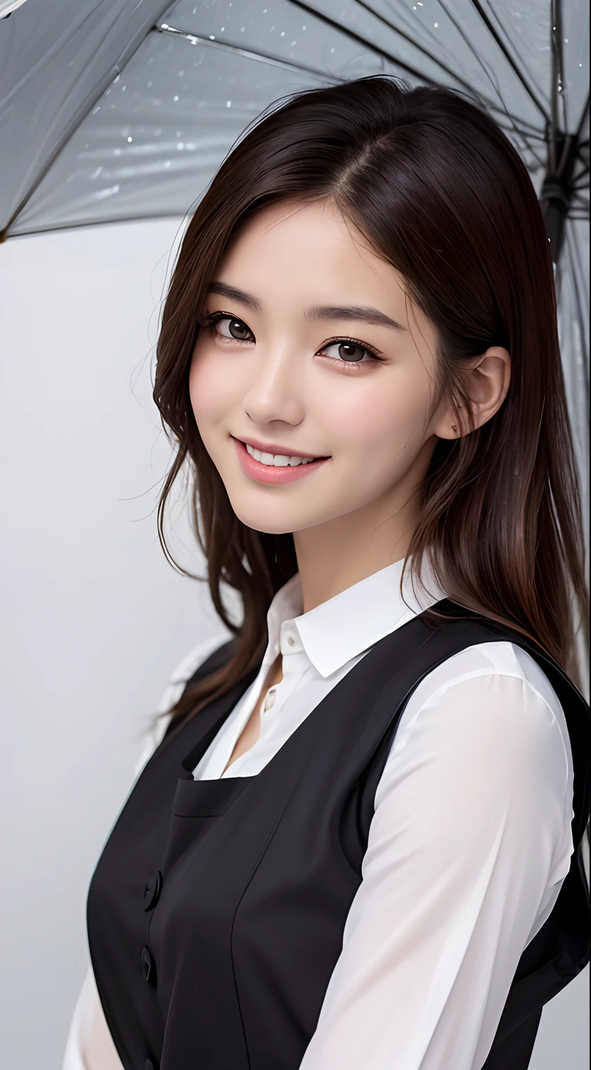 Tabletop, Highest quality, Realistic, Very detailed, finely, High resolution, 8k wallpaper, One beautiful woman,, Light brown messy hair,Wearing a black collared dress shirt, Sharp focus, Perfect dynamic composition, Beautiful and beautiful eyes, Thin Hair, Detailed Realistic skin texture, smile, Close-up portrait, Model Body Type