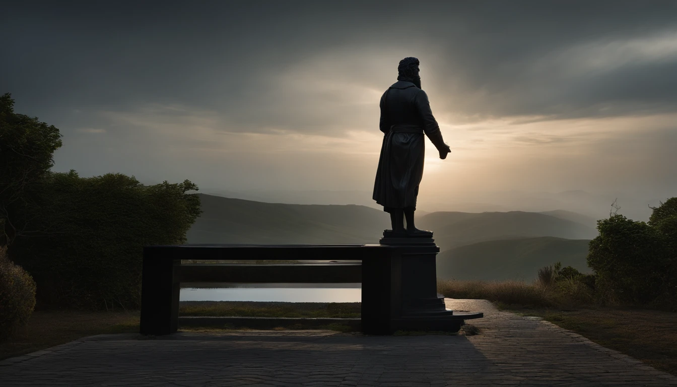 estatua grega de homem forte, com barba, pensativo, estilo filosofo, with low lighting in grayish tones and black and bench, ambiente escuro, numa colina com uma cidade grega na parte baixa do vale, 8k