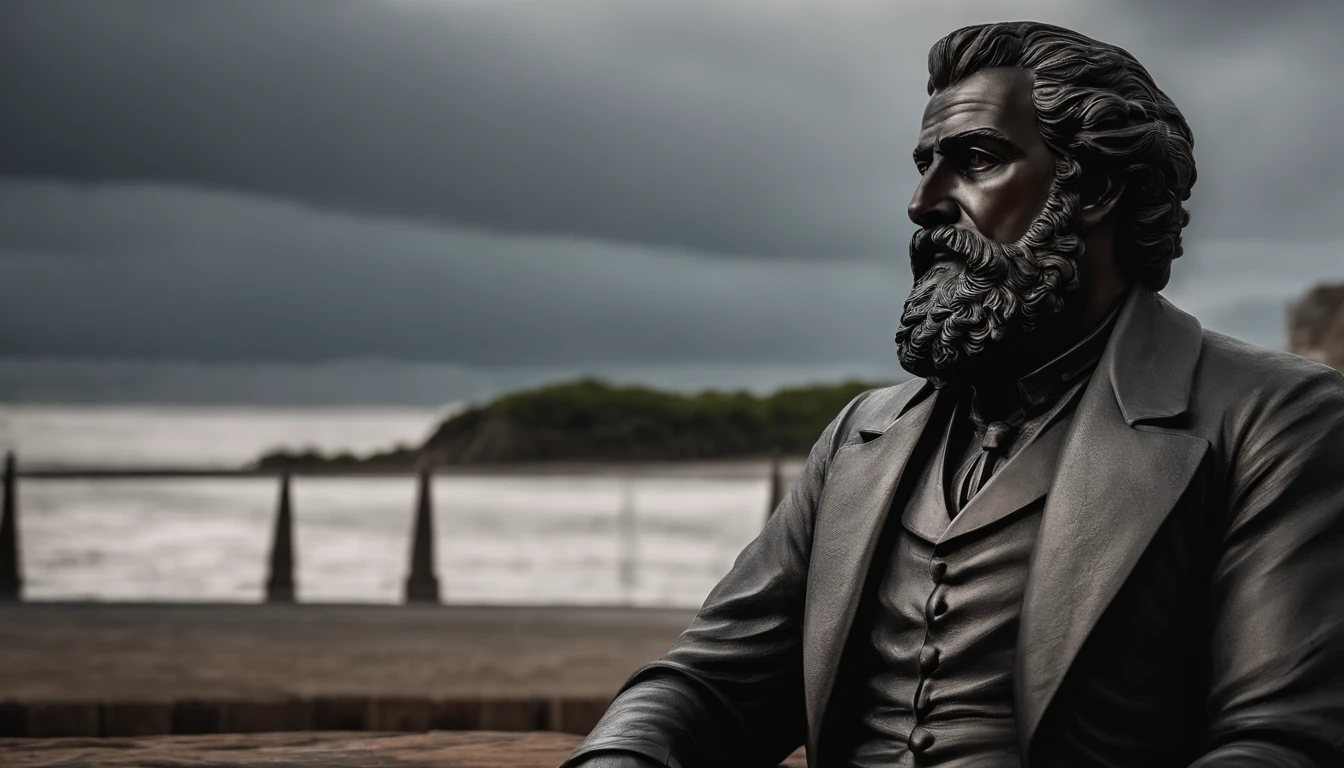estatua grega de homem forte, com barba, pensativo, estilo filosofo, with low lighting in grayish tones and black and bench, ambiente escuro, numa colina com uma cidade grega na parte baixa do vale, 8k