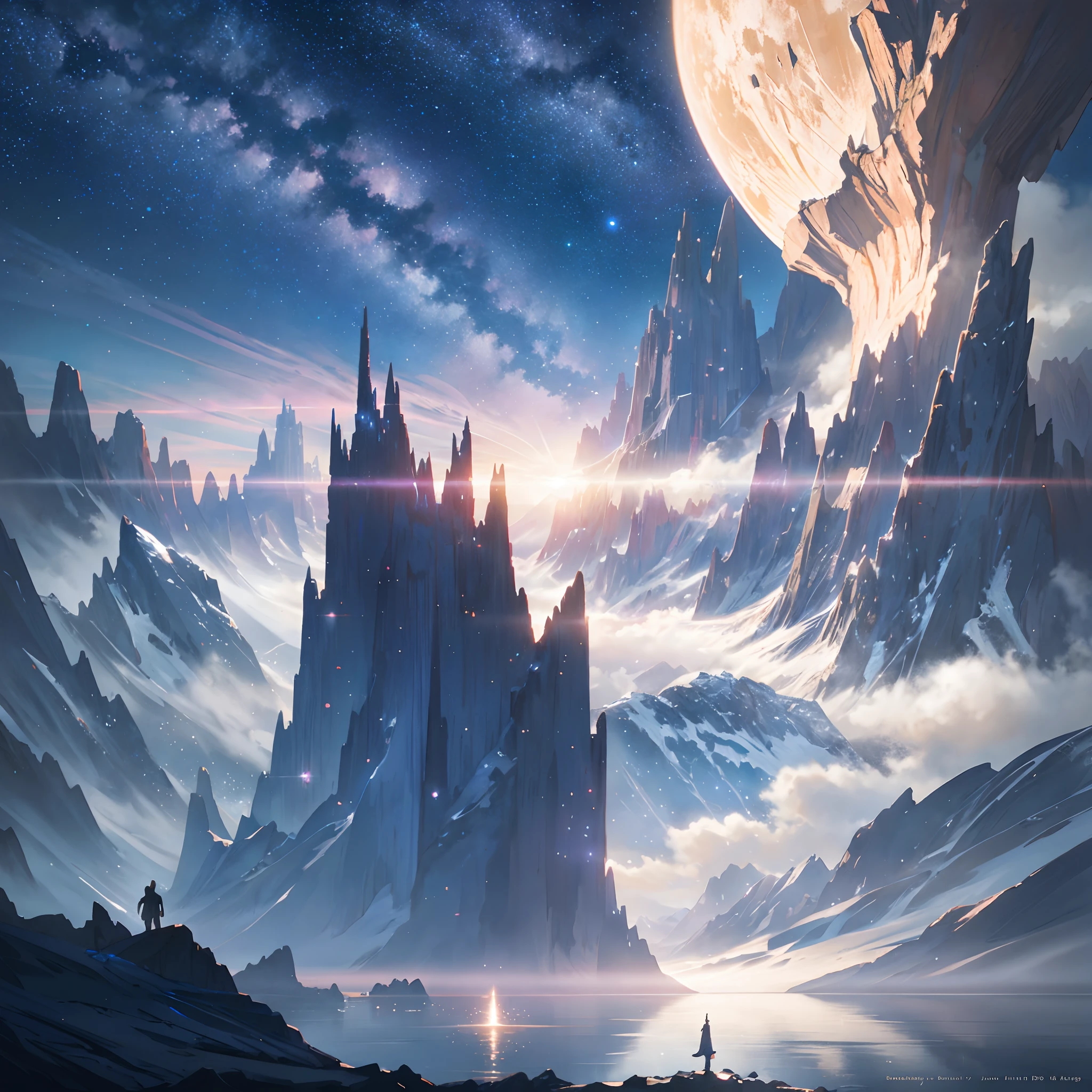 Starry Sky with Mountains and Lake, Jessica Rossier, Inspired by Jessica Rossier, Jessica Rossier Fantasy Art, Concept Art Magic Highlights, Official Artwork, Dream Painting, Ethereal Realm, Atmospheric artwork, dreamy matte paintings, serene endless stars inspired by Ted Nasmith, moonlit starry environments, epic music album covers.