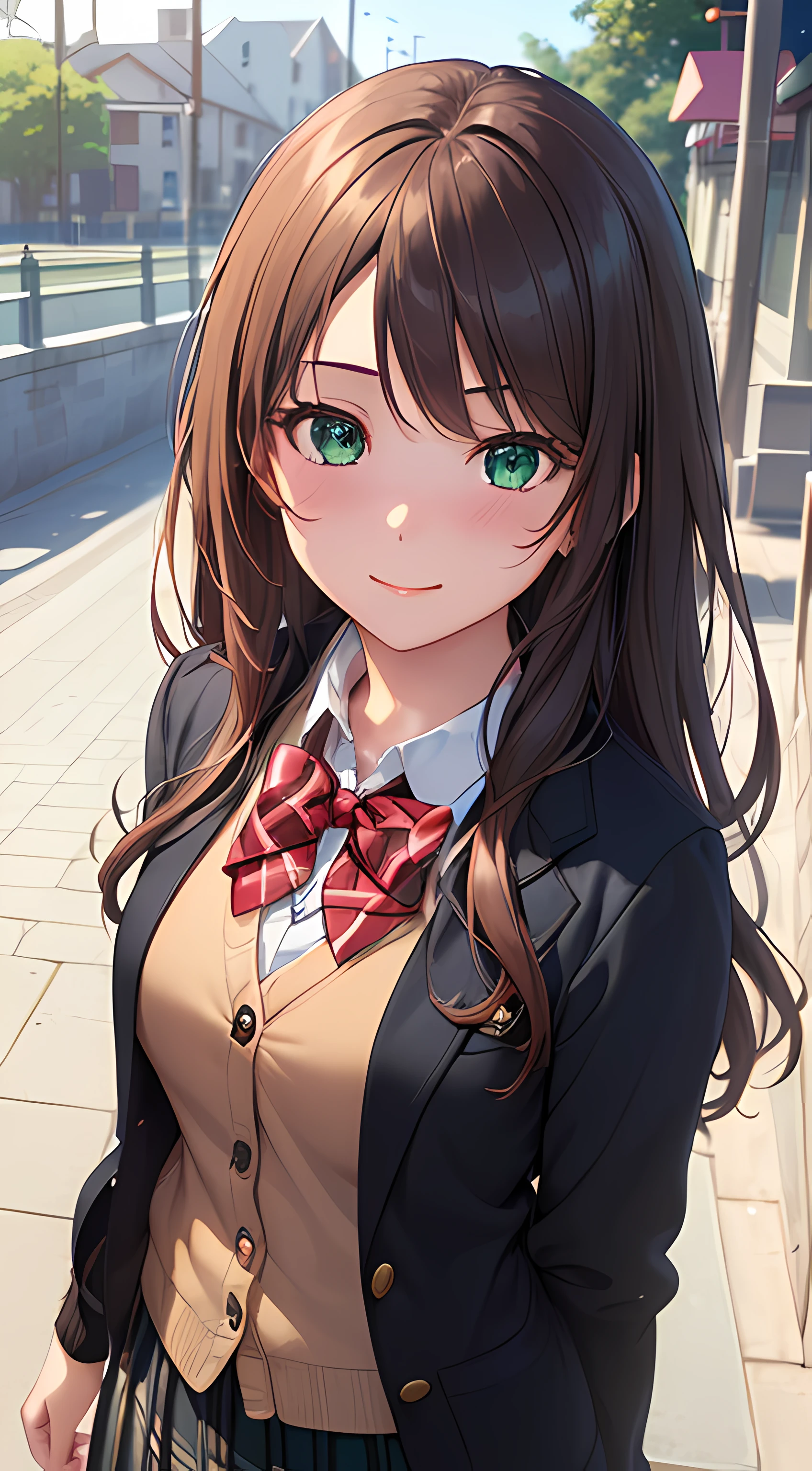 ((masterpiece, best quality, highres, UHD, perfect pixel, depth of field, 4k, RTX, HDR))), 1girl, single, solo, beautiful anime girl, beautiful artstyle, anime character, ((long hair, bangs, brown hair, curly hair:0.8)), ((green eyes:1.4, rounded eyes, beautiful eyelashes, realistic eyes)), ((detailed face, blushing:1.2)), ((smooth texture:0.75, realistic texture:0.65, photorealistic:1.1, anime CG style)), medium breasts, dynamic angle, perfect body, ((portrait, pov)), ((red bowtie, school uniform, black jacket, open jacket, brown cardigan, white shirt, black skirt, plaid skirt)), smile, amusement park