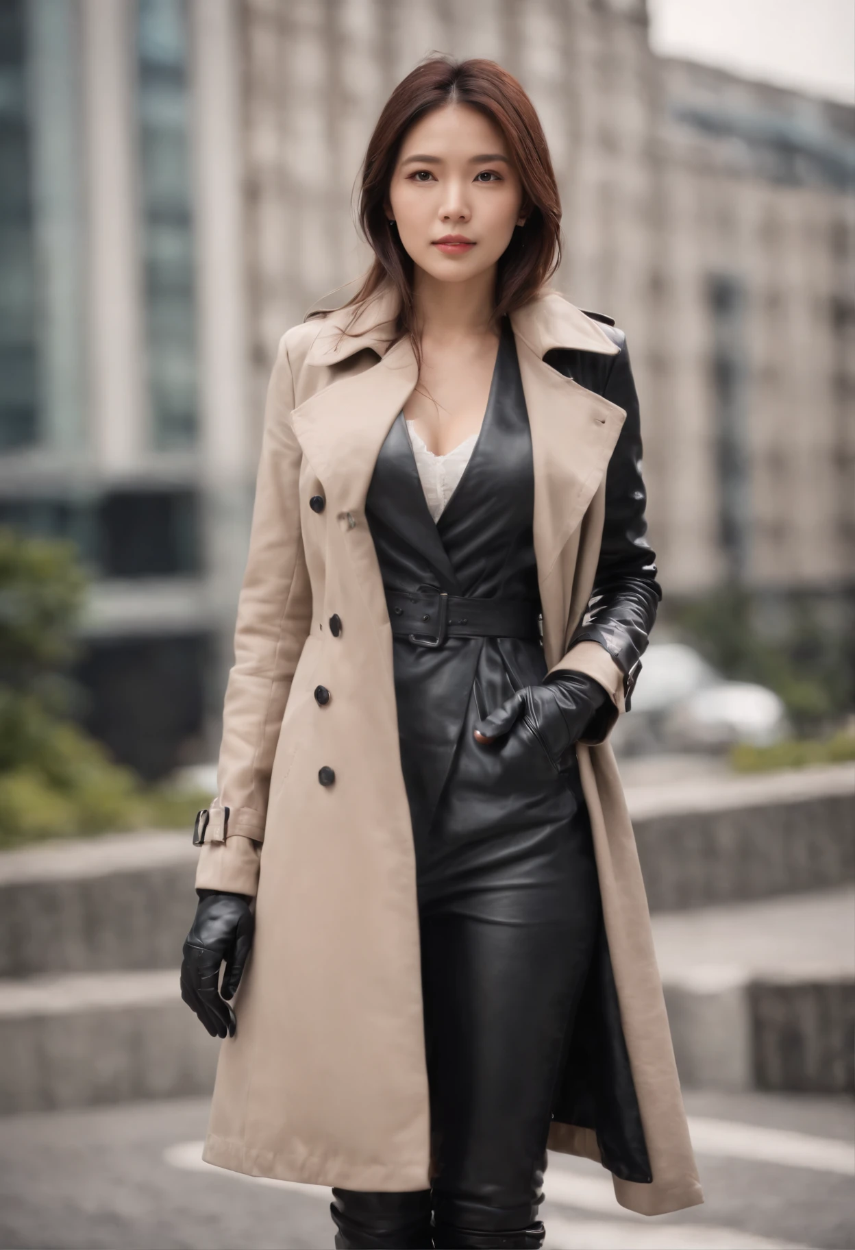 Black leather gloves, trench coat, weather forecast set, Japanese female caster, long boots