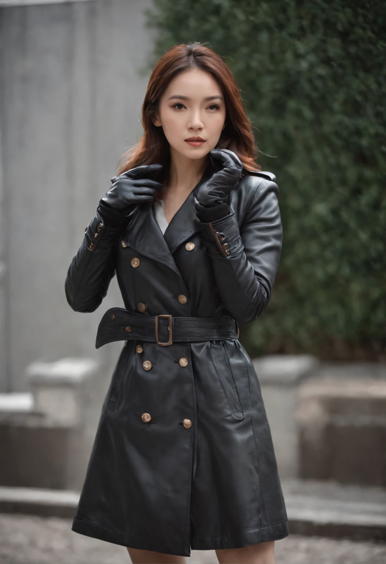 Black leather gloves, trench coat, weather forecast set, Japanese female caster, long boots