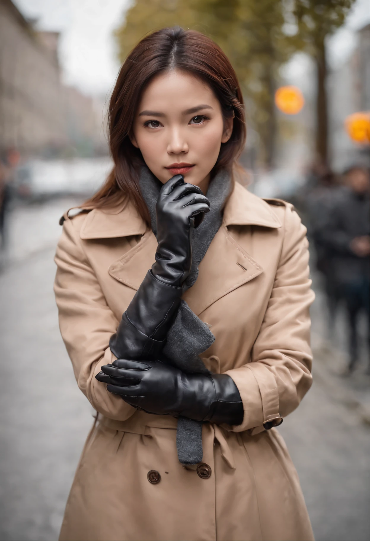 Black leather gloves, trench coat, weather forecast set, Japanese female caster, long boots