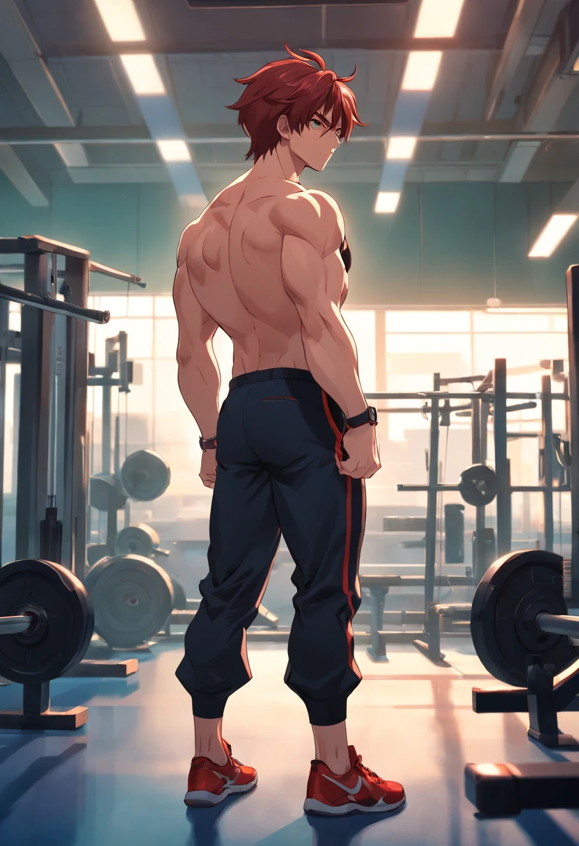 (highres:1.2,HDR) detailed illustration, Yuijiro Hanma, red-haired, black pants, demonic aura, extremely muscular and defined back, focusing on his back, in a gym, anime, Baki