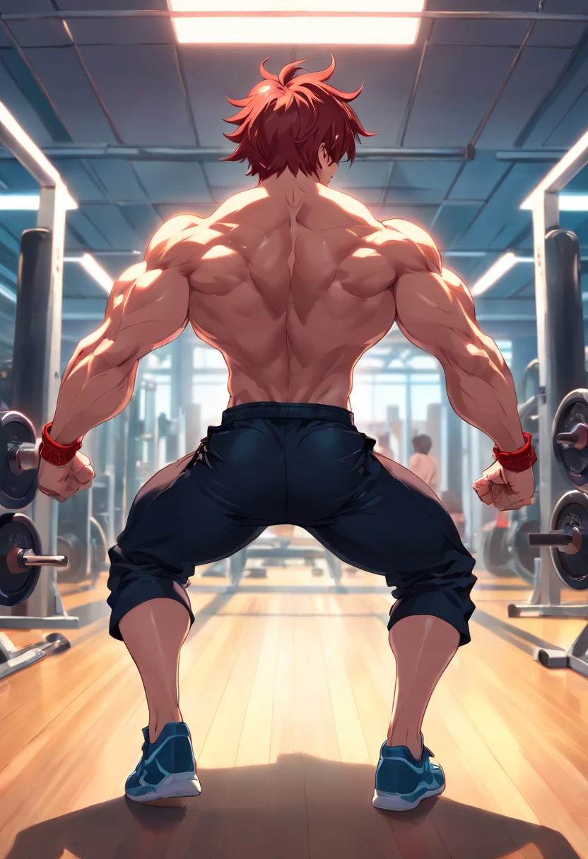 (highres:1.2,HDR) detailed illustration, Yuijiro Hanma, red-haired, black pants, demonic aura, extremely muscular and defined back, focusing on his back, in a gym, anime, Baki