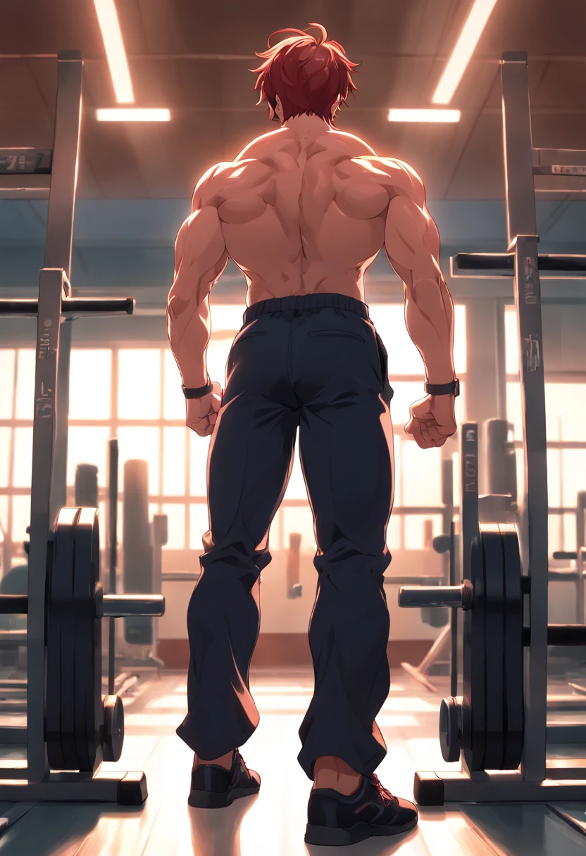 (highres:1.2,HDR) detailed illustration, Yuijiro Hanma, red-haired, black pants, demonic aura, extremely muscular and defined back, focusing on his back, in a gym, anime, Baki
