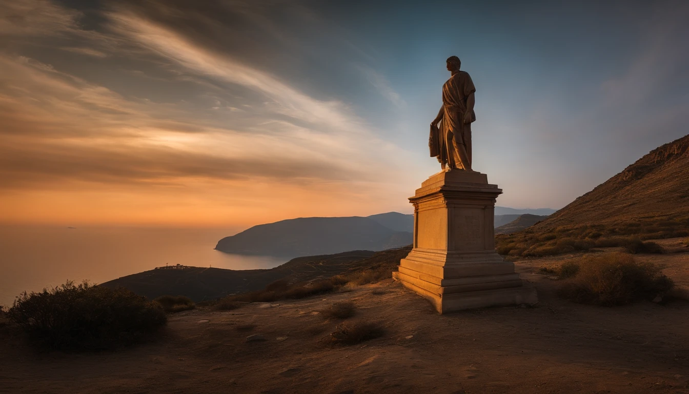 estatua da epoca da grecia antiga de homem forte, com barba, pensativo, estilo filosofo, with low lighting, ambiente escuro, numa colina com uma cidade grega na parte baixa do vale, 8k