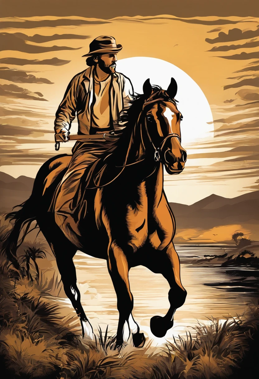 print-ready vector t-shirt design, cena de aventura com cavalo de frente correndo, com belo sol noturno e montanha ao fundo, fundo branco limpo, vetor profissional, tiro completo, 8K resolution, Deep print illustration