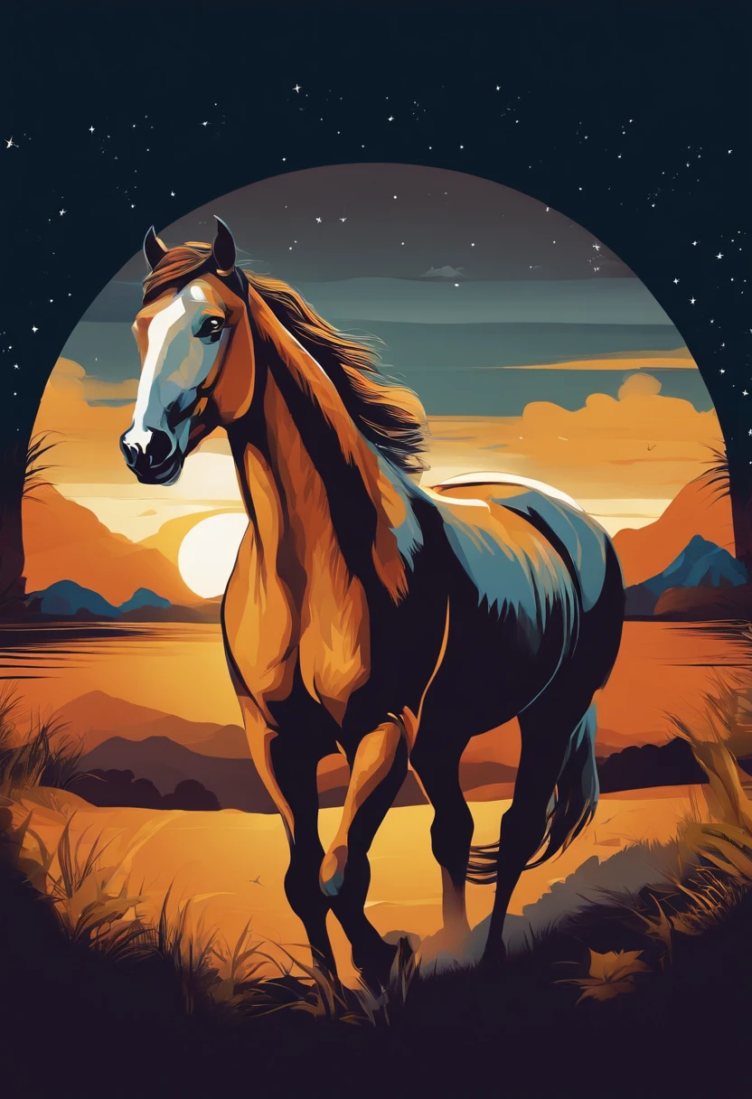 print-ready vector t-shirt design, cena de aventura com cavalo de frente correndo, com belo sol noturno e montanha ao fundo, fundo branco limpo, vetor profissional, tiro completo, 8K resolution, Deep print illustration