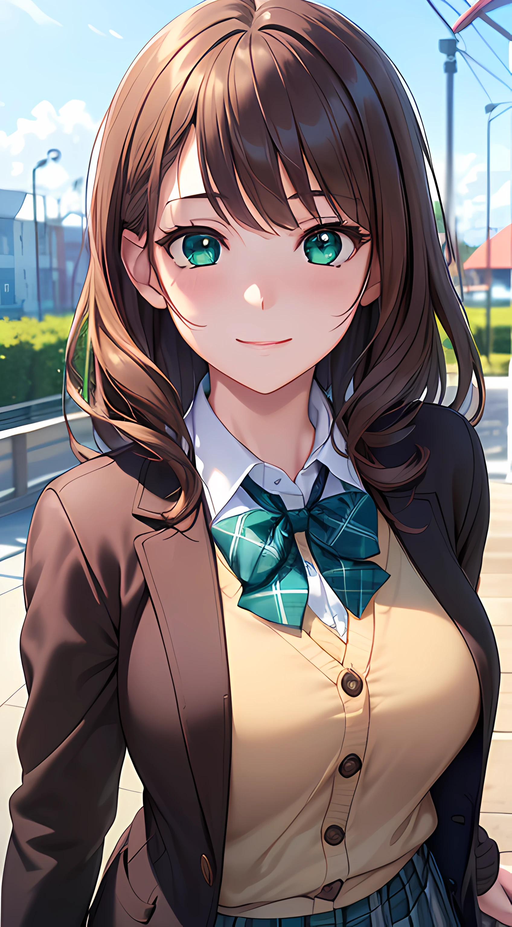 Anime girl with long brown hair and green eyes in a school uniform ...