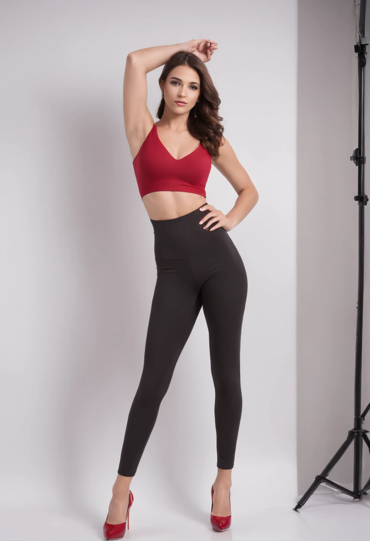Beautiful brunet female, brown beautiful eyes, perfect skin, standing, posing in a studio, professional photography lighting, white super skintight white Lycra-spandex pants, low-cut red top, red high-heels, standing straight towards the camera, facing the camera full body photo, showing legs and feet. professional realistic photograph