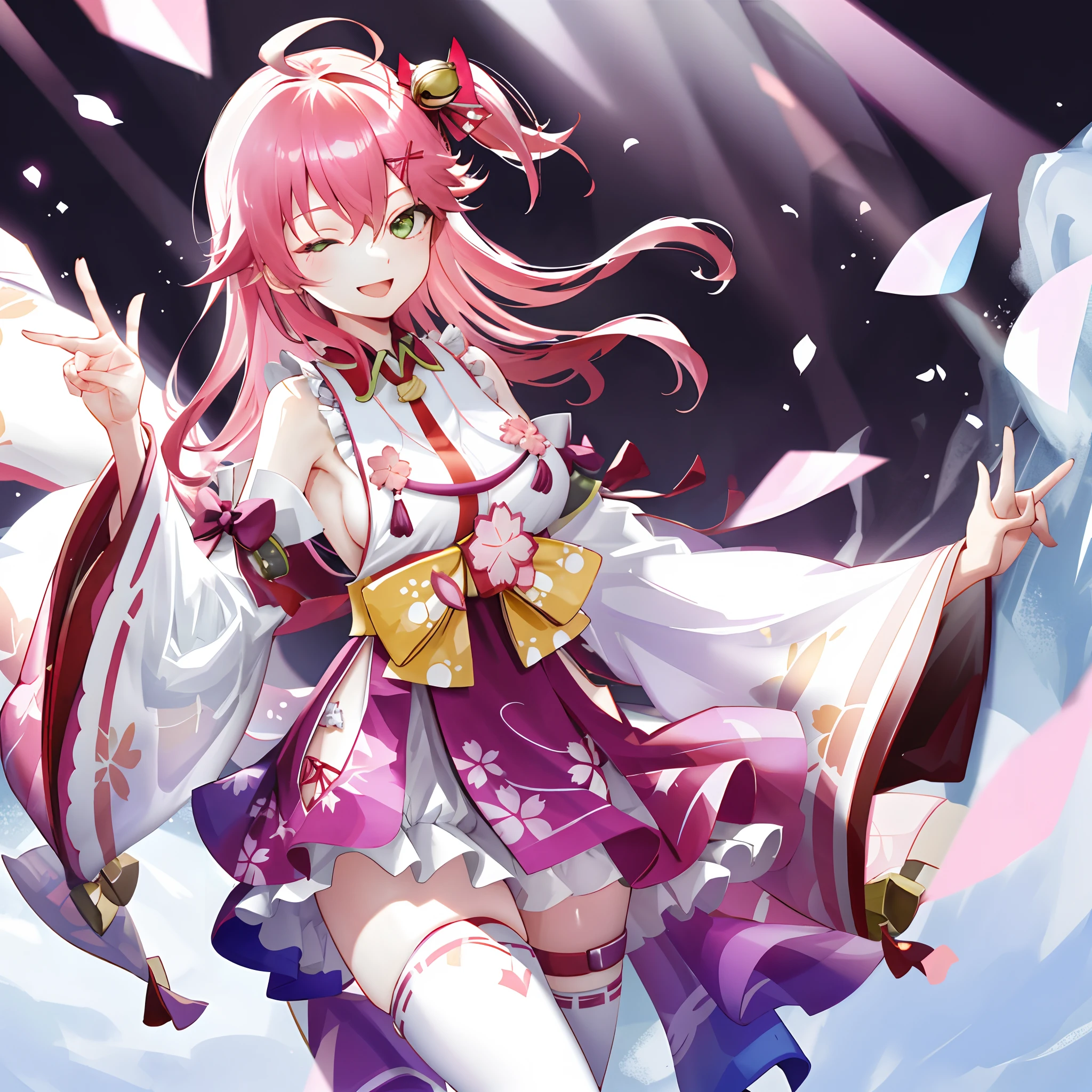 masterpiece, best quality, highres, miko1, sakura_miko, 1girl, green eyes, solo, ahoge, x_hair_ornament, pink_hair, floral print, hairclip, (sideboob:1.2), hair_bell, floral print, long_hair, hair between eyes, one side up, white thighhighs, asymmetrical legwear, wide sleeves, open_mouth,happy,close_eyes, smile,dynamic_posing,rising_leg,plump,apart_legs,