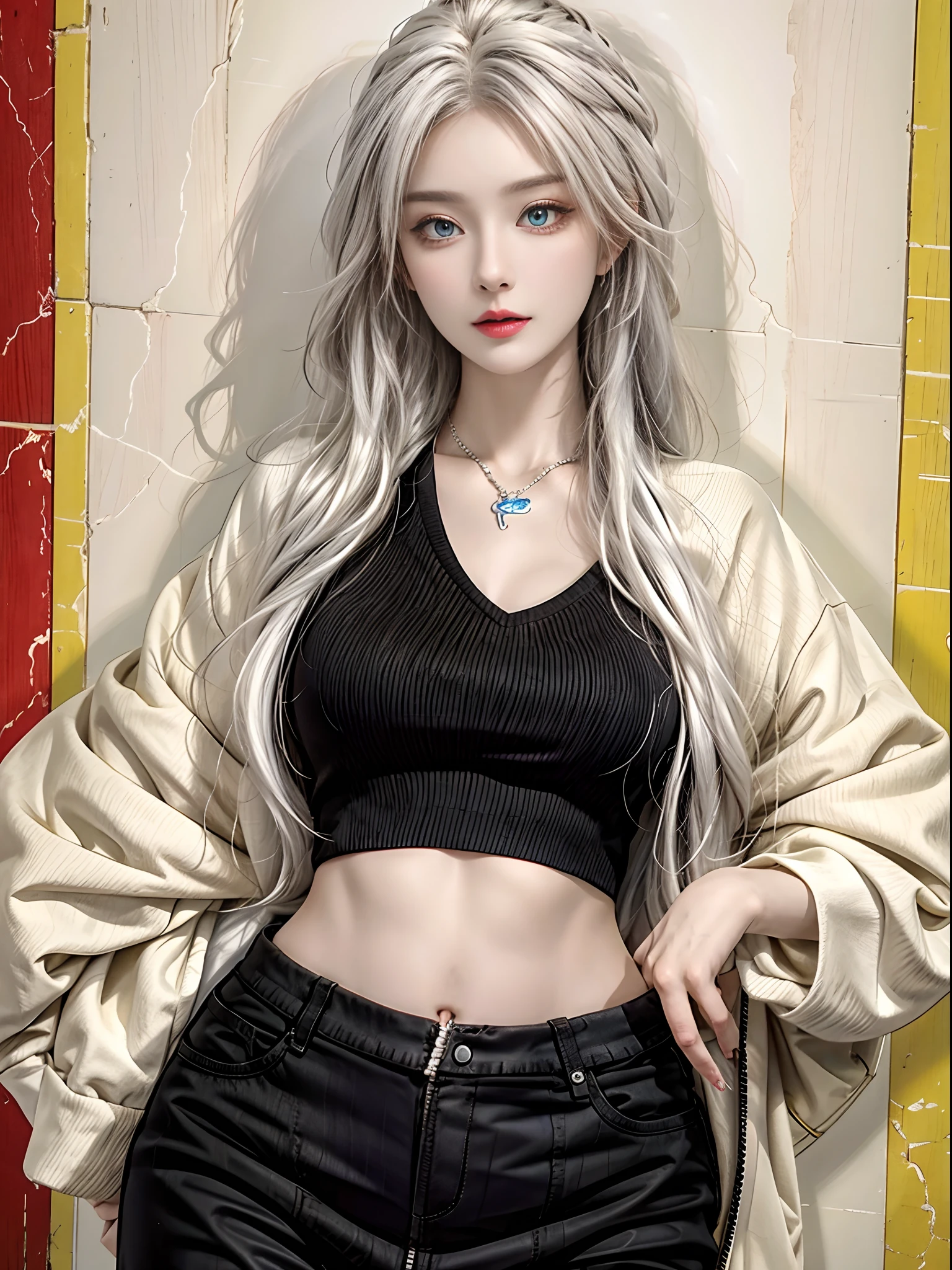 high resolution, 1 woman, Hips up, Beautiful eyes, Long hair, ringed eyes, jewelry, tattoo, Colorful streetwear, White hair