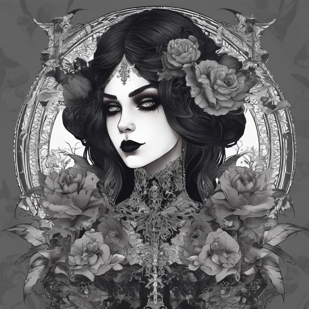 Full-body, fearsome and formidable, empowered savage young little goth girl. Anthropomorphic, horror beatiful - looking goth girl fully tattooed holding goth flower