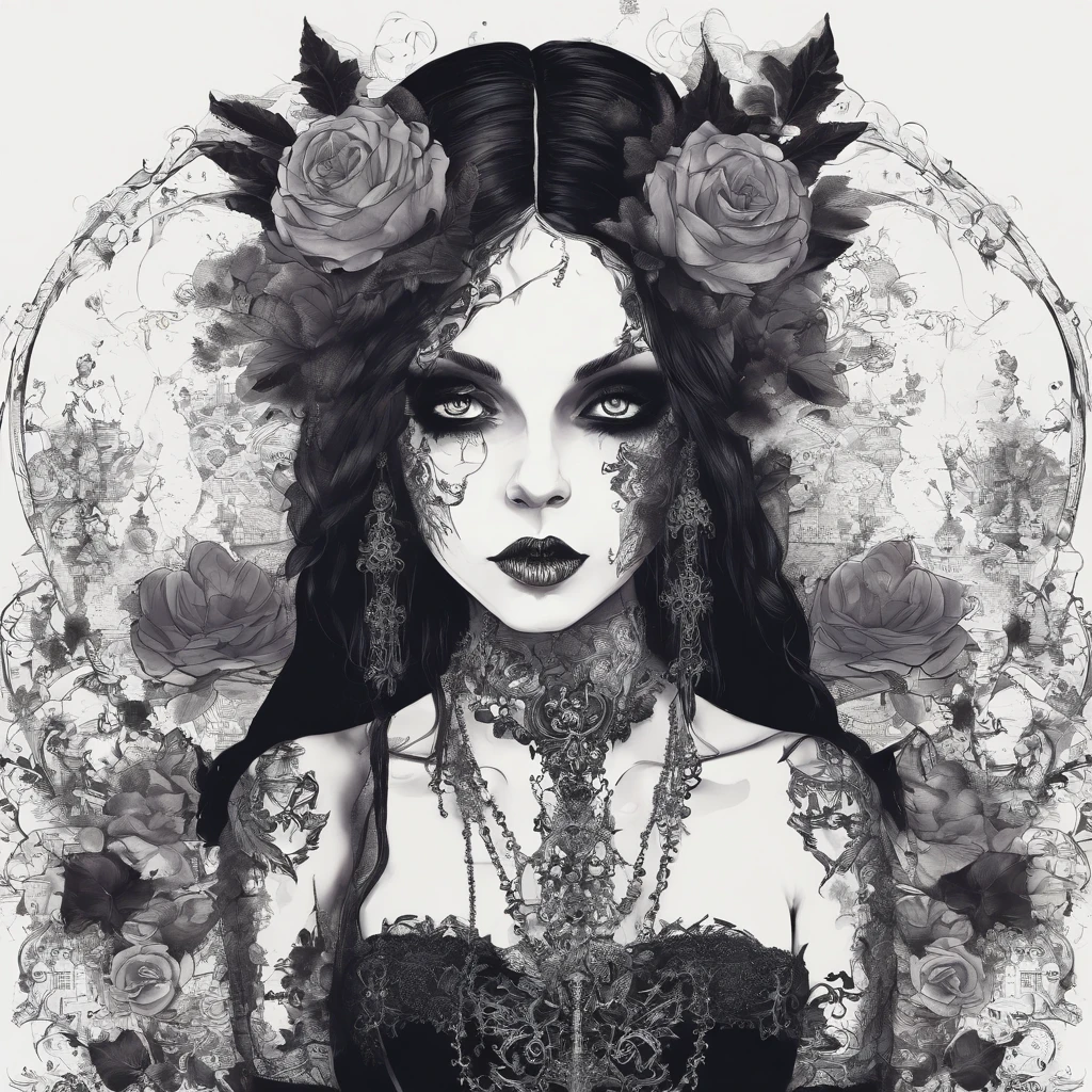 Full-body, fearsome and formidable, empowered savage young little goth girl. Anthropomorphic, horror beatiful - looking goth girl fully tattooed holding goth flower