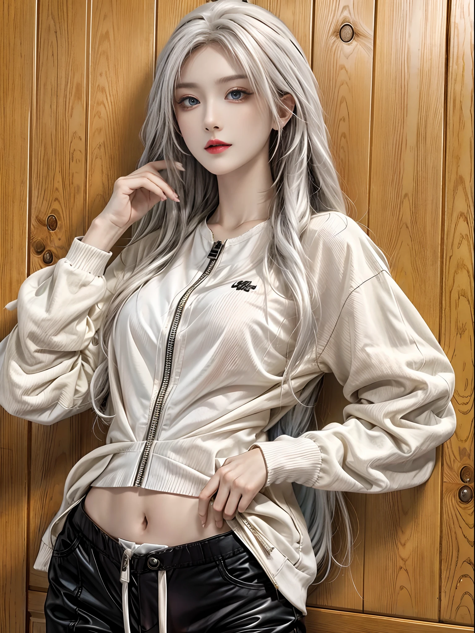 high resolution, 1 woman, Hips up, Beautiful eyes, Long hair, ringed eyes, jewelry, tattoo, Colorful streetwear, White hair