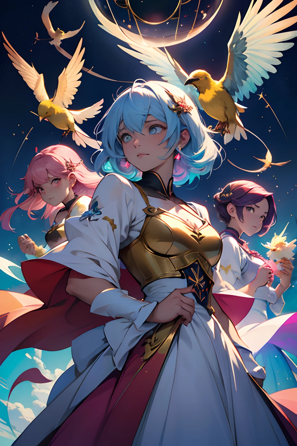 A group of 5 magical girls (Grupo Mahou Shoujo) flying together around a round and golden bird cage where a beautiful bird is trapped and a chaotic and multicolored sky in the background and over them evil eyes of a chaotic and multicolored witch, perfect hands, ROSTOS PERFEITOS, Vestidos bonitos, cabelos super coloridos e vibrantes, rostos bonitos ROSTOS PERFEITOS, cabelos bonitos, olhos expressivos, bocas bonitas, beautiful hands, detailed hands, beautiful hands, dedos perfeitos, numero de dedos de um ser humano, tendencia artstation